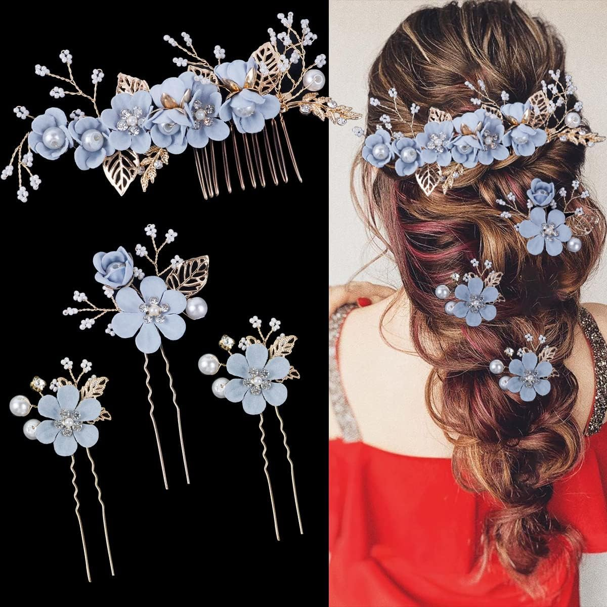 4 Pieces Bridal Flower Wedding Hair Comb Rhinestones Crystal Floral Hair Pins Hair Clips Wedding Hair Accessories Hair Jewelry for Brides Bridesmaids Women Girls(Blue)