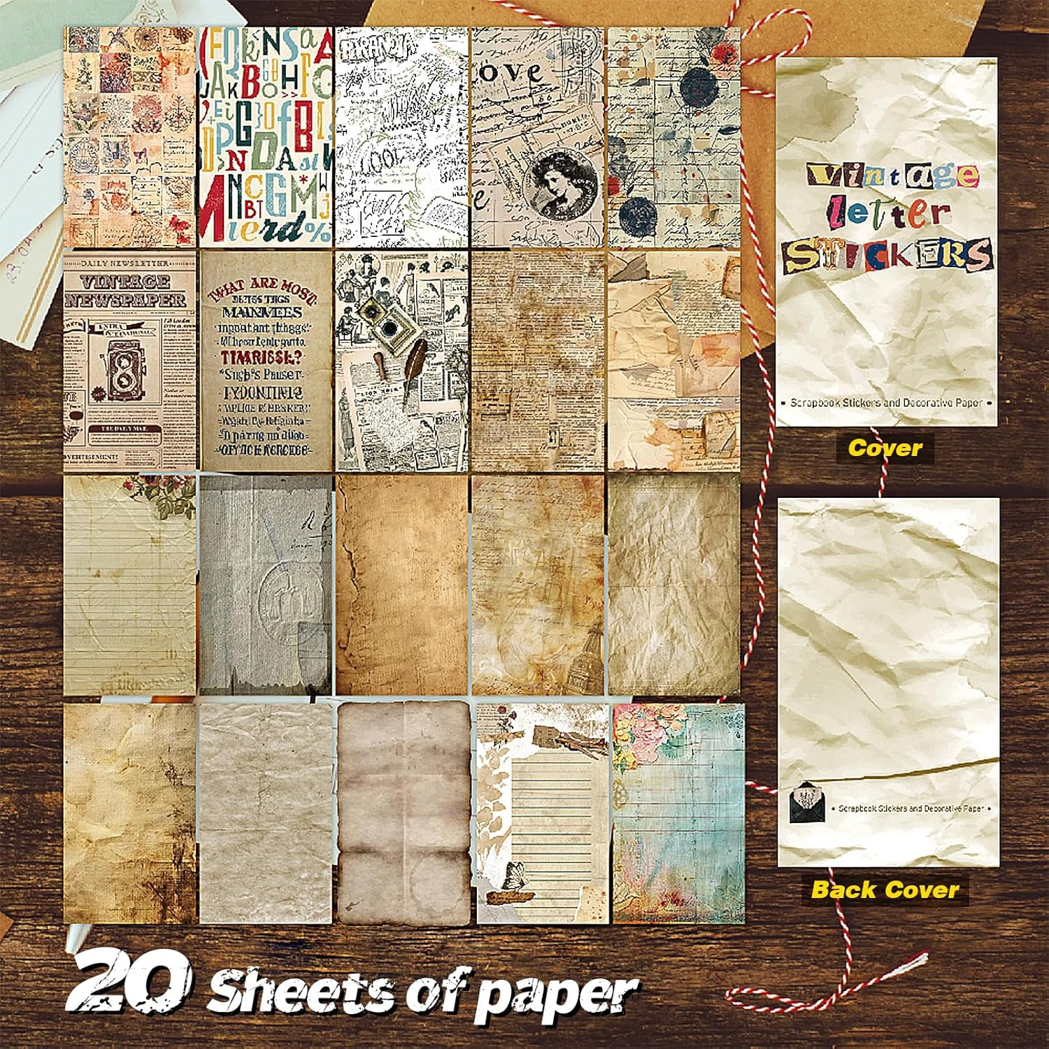 600+ Scrapbook Stickers and 20 Sheets Scrap Paper Book for Scrapbooking, Vintage Letter & Number Stickers for Journaling, Junk Journal Supplies, Planner, DIY Crafts Arts