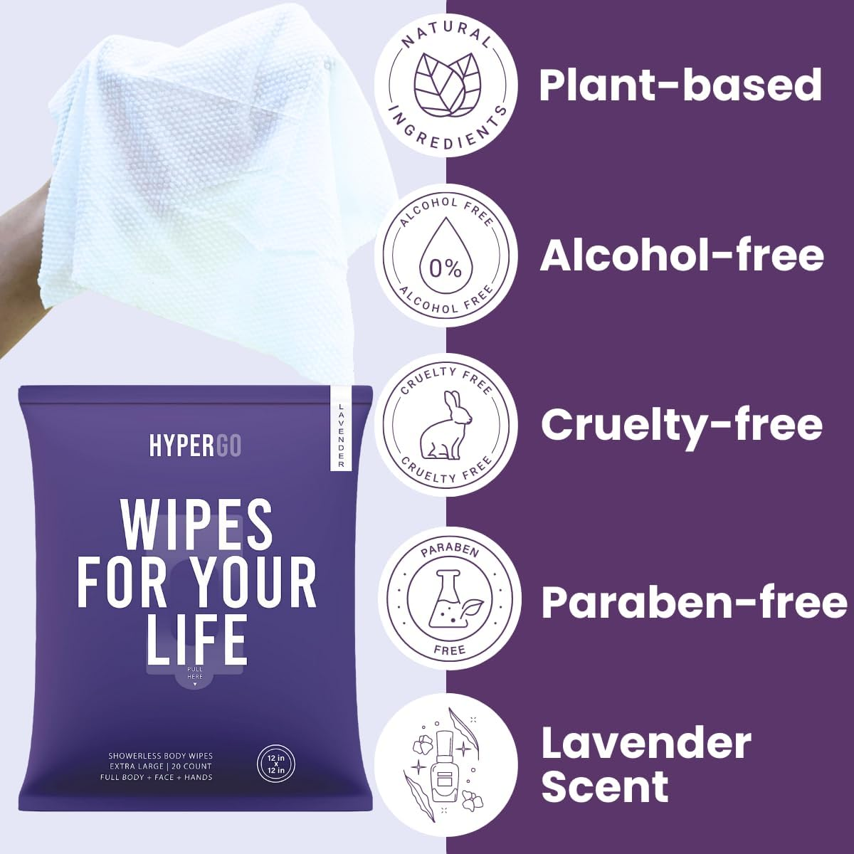 Hypergo Full-Body Rinse-Free Hypoallergenic Biodegradable Bathing Wipes| All Natural, Refreshing Anytime Anywhere, Post Workout, Camping, Travel, Daily Life, 12&rdquo;X12&rdquo; X-Large 20-Count, Lavender 2-Pack