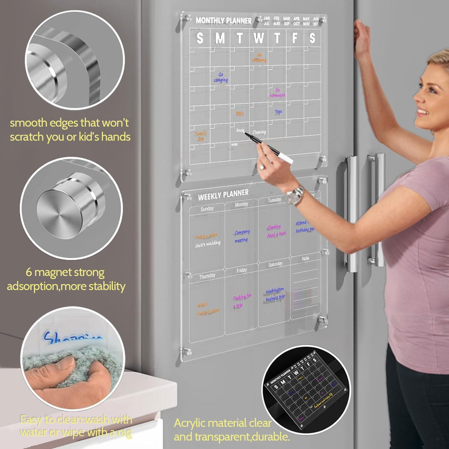 Clear Acrylic Magnetic Calendar for Fridge - 2Pcs 16"X12" Magnet Monthly and Weekly Wet Erase Board for Refrigerator Reusable Planner Includes 6 Colorful Markers,Magnetic Pen Holder and Erase Towel image number 3