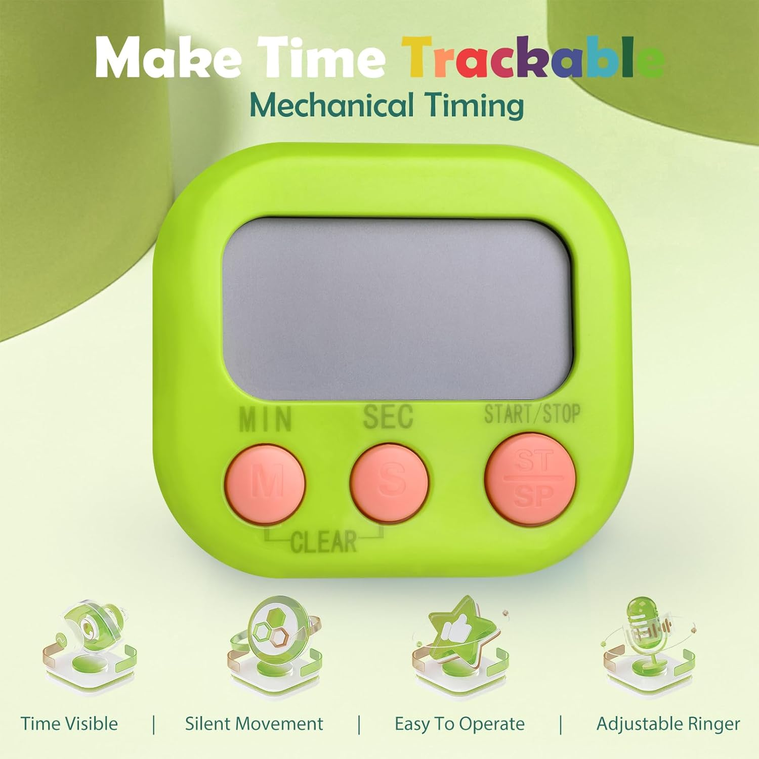 4Pcs Kitchen Timer Digital, Geeric 99 Min Visual Timer for Kids +2 Sticker Coloful Stand/Back Magnetic Silent Clock Time Management Assistant Desk Visual Clock for Cooking, Classroom, Office image number 3