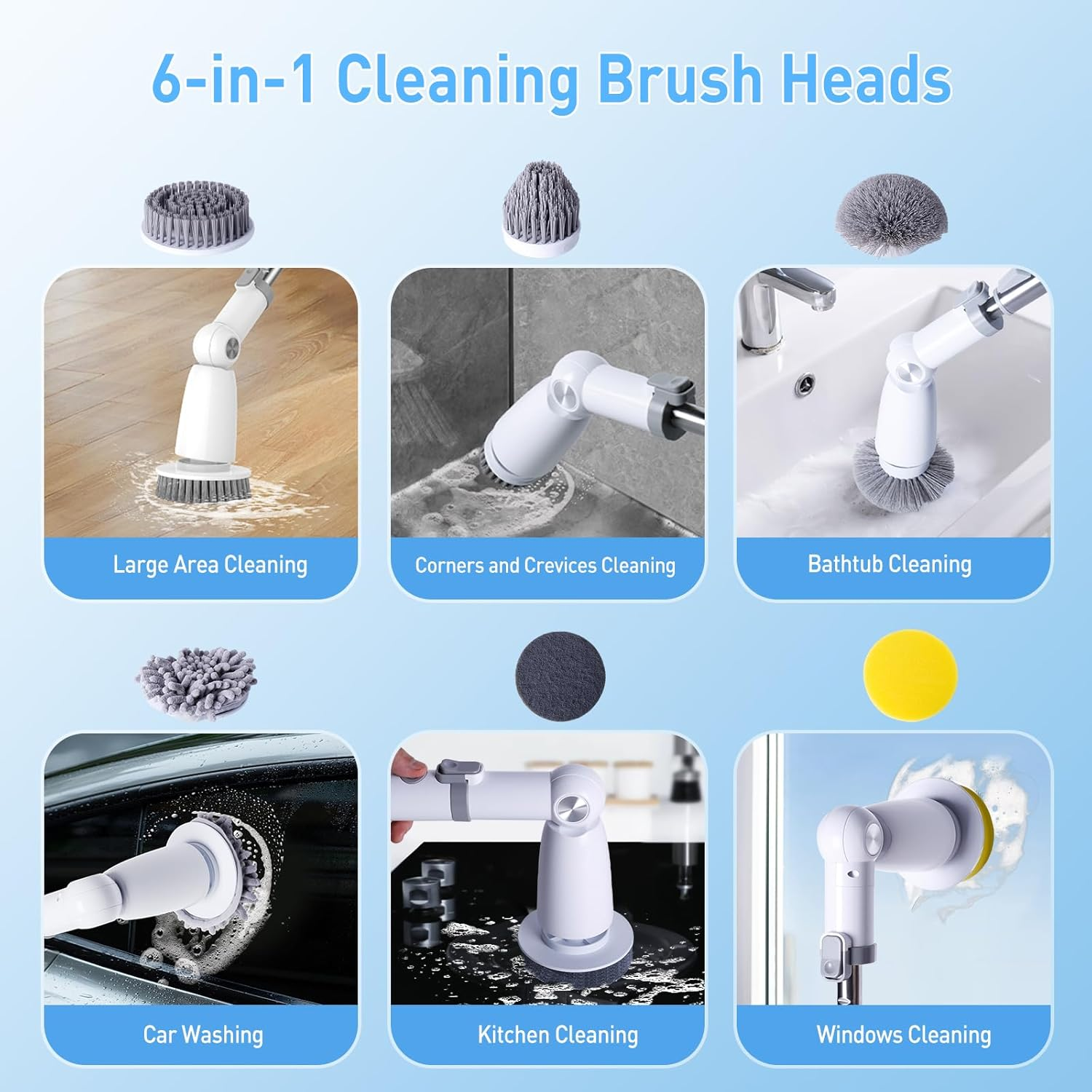 Quntis Electric Spin Scrubber, 2024 Upgrade Cordless Cleaning Brush with 6 Replaceable Brush Heads and 2 Adjustable Speeds, Power Shower Scrubber for Bathroom, Tub, Tile, Floor, Kitchen, Window image number 6