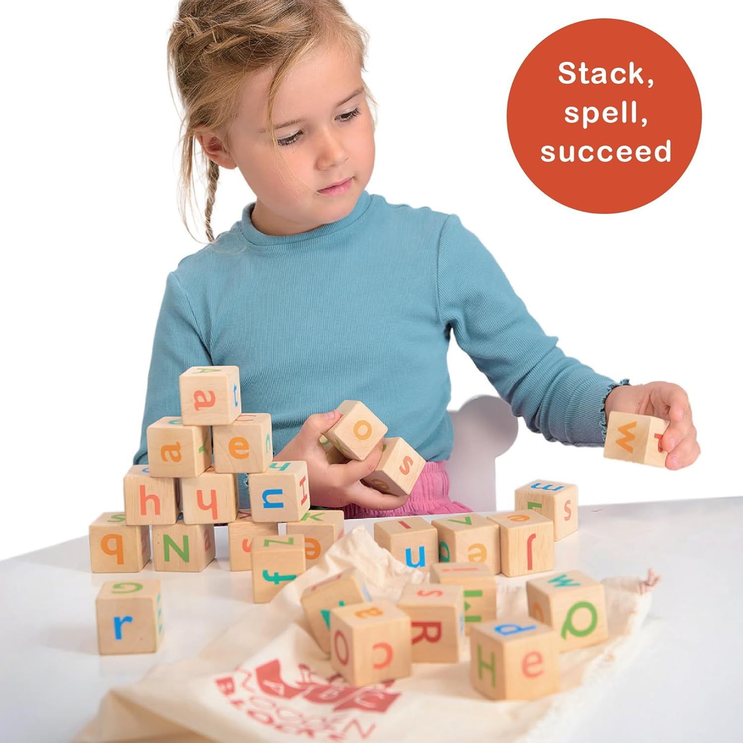 Mentari Toys - Alphabet Spelling Blocks - Wooden Block Letters Come with Drawstring Bag for Easy Storage - Age 3+ Year Old image number 5
