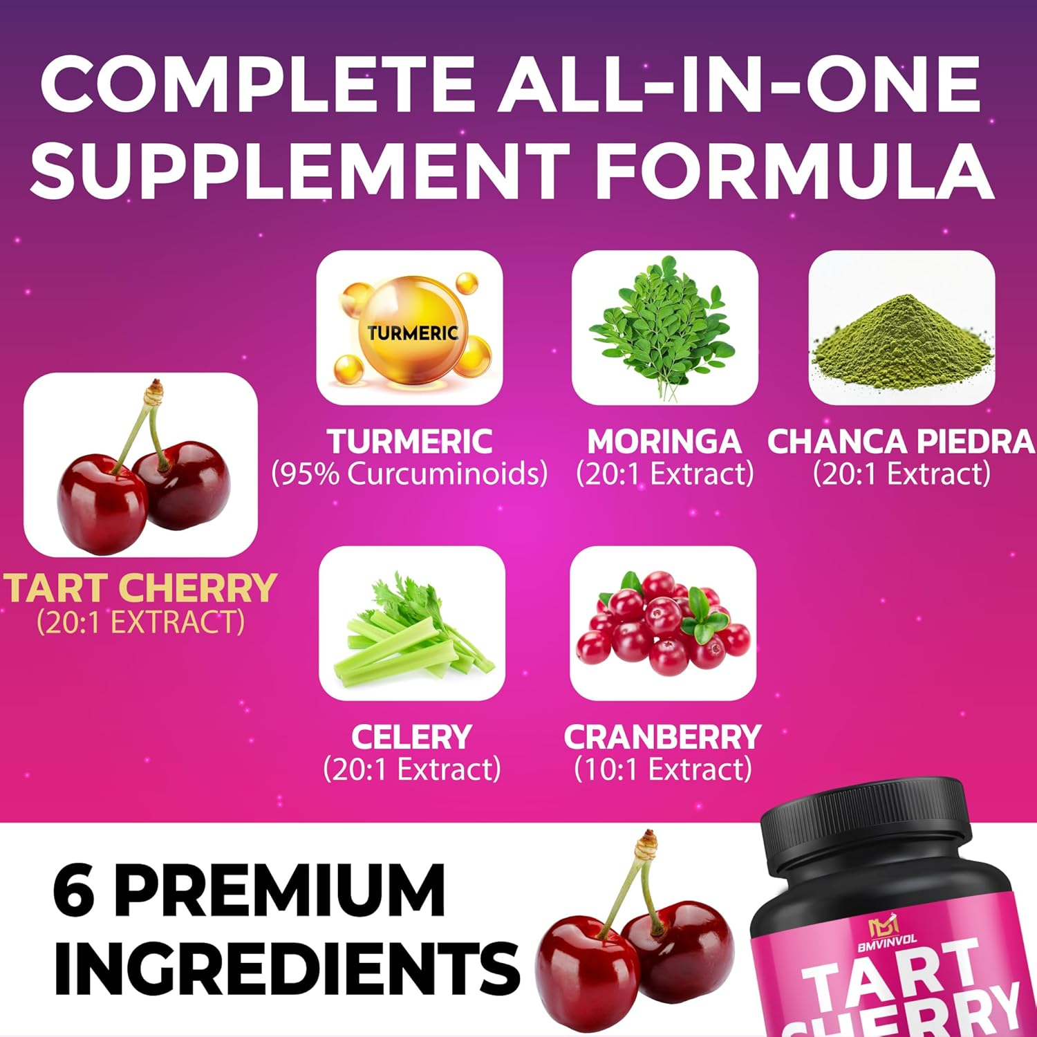 BMVINVOL Tart Cherry 20:1 Extract - plus Moringa, Chanca Piedra, Celery, Cranberry Extract and More - 90 Capsules - 3 Month Supply image number 3