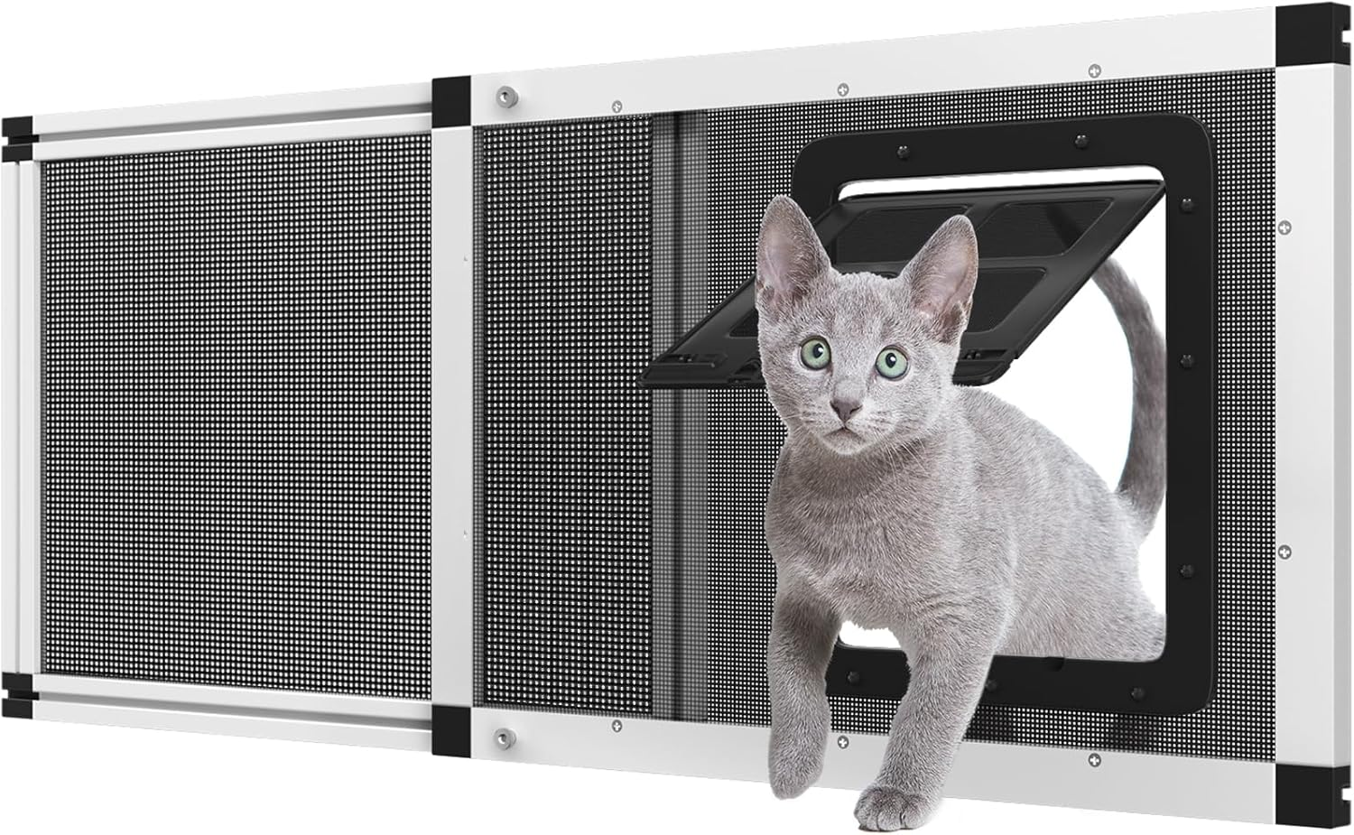 Adjustable Aluminum Pet Door for Window 31.7"-39.3" Wide, 4-Way Lock & Magnetic Closure Window Cat Door,No-Tool Cat Window Door Insert,Cat Door for Window with Steel Alloy Screen,Ventilation Bug-Proof