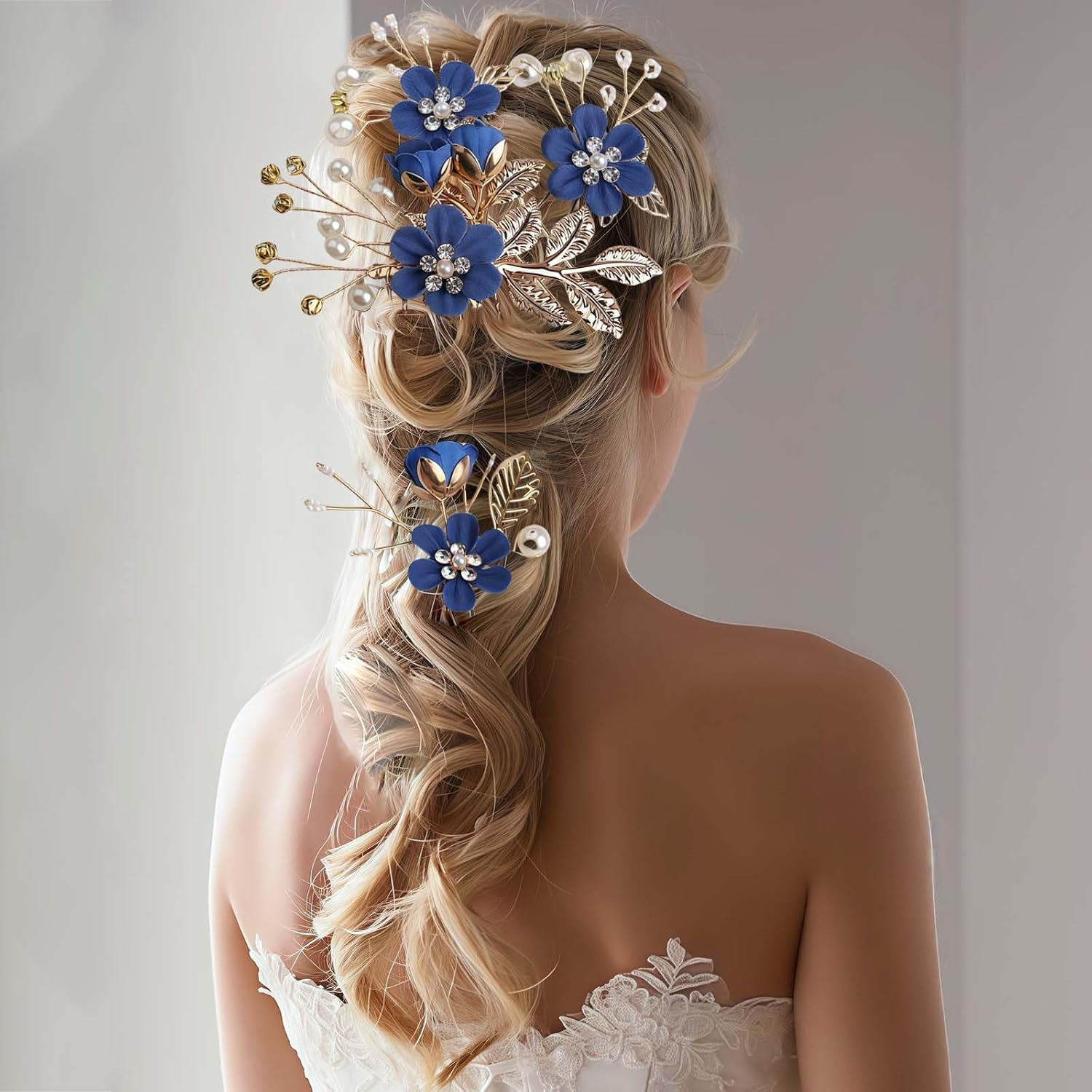 LUMOOM Set of 4 Bridal Hair Accessories, Elegant Flower Hair Comb and Hair Pins Set, Bridal and Bridesmaids Hair Clip Wedding, for Communion, Prom and Party (Royal Blue) image number 3
