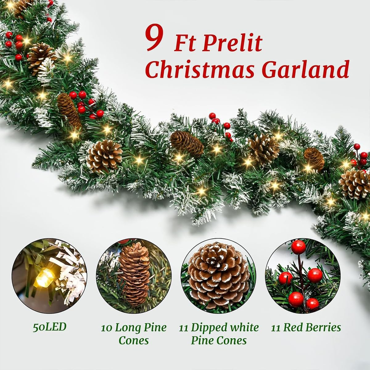 9 FT Christmas Garland with Lights,Battery Operated Lighted Garland with Pine Cones Red Berries Lush Branches,50 LED Lights 8 Modes,Christmas Decor Mantle Fireplace Indoor Outdoor Home (1, 9.02 FT) image number 1