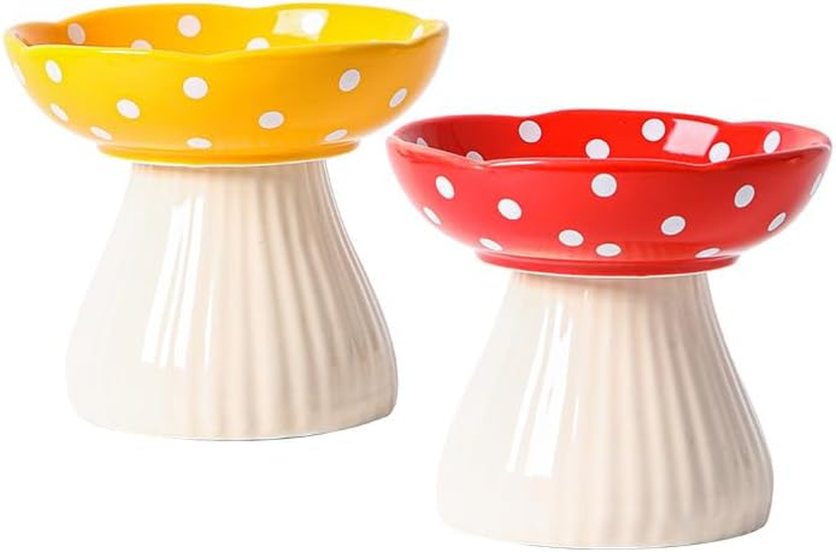 Ceramic Raised Mushroom Cat Bowl, Elevated Pet Feeder Bowls, Raised Dog Dish for Food and Water, Red 15 Cm Wide for Adult Cats, Small Dog and Puppy (Yellow) - Yellow image number 4