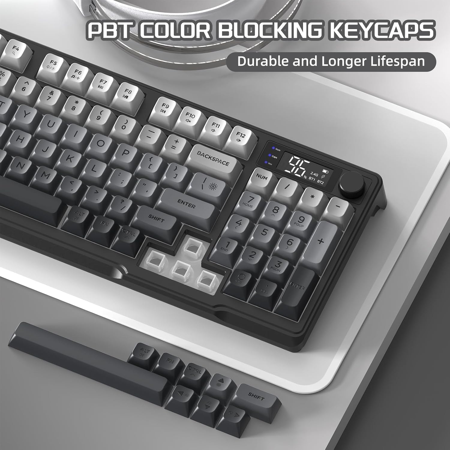 FREEWOLF M96 Wireless Gaming Keyboard Creamy Membrane with Rainbow Backlight,Media Knob,Lcd Screen,Dual Mode-Bluetooth/2.4Ghz,Ball Shape PBT Keycap 94 Key ANSI Layout for Win Mac PC Gamer(Moonlight) image number 1
