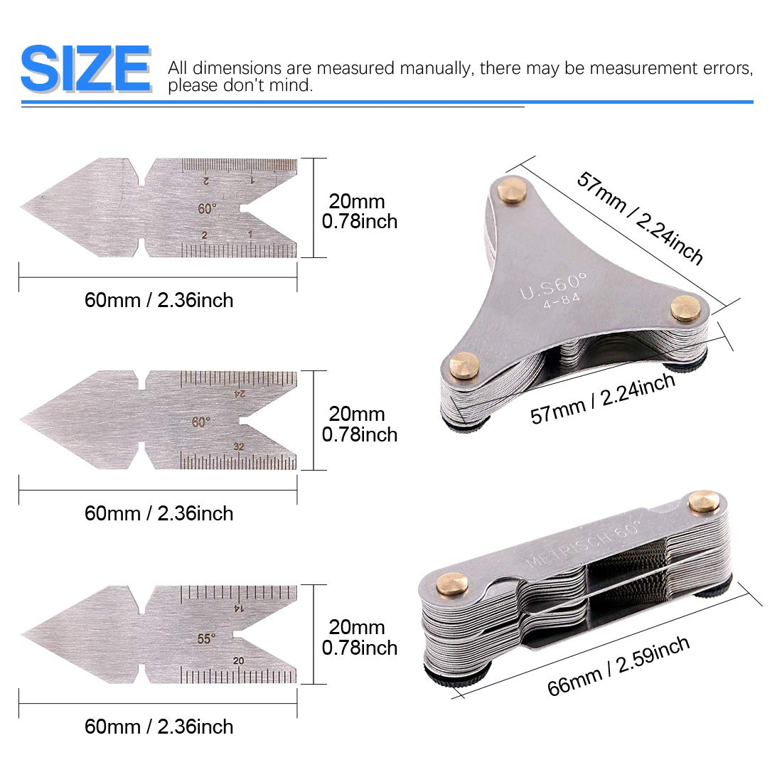 Glarks 5Pcs Stainless Steel Screw Thread Pitch Cutting Gauge Tool Set, 51Pcs America SAE Type + 52Pcs Metric & America SAE Type & British Whitworth + 3Pcs Center Gage, Packed in Plastic Box image number 2