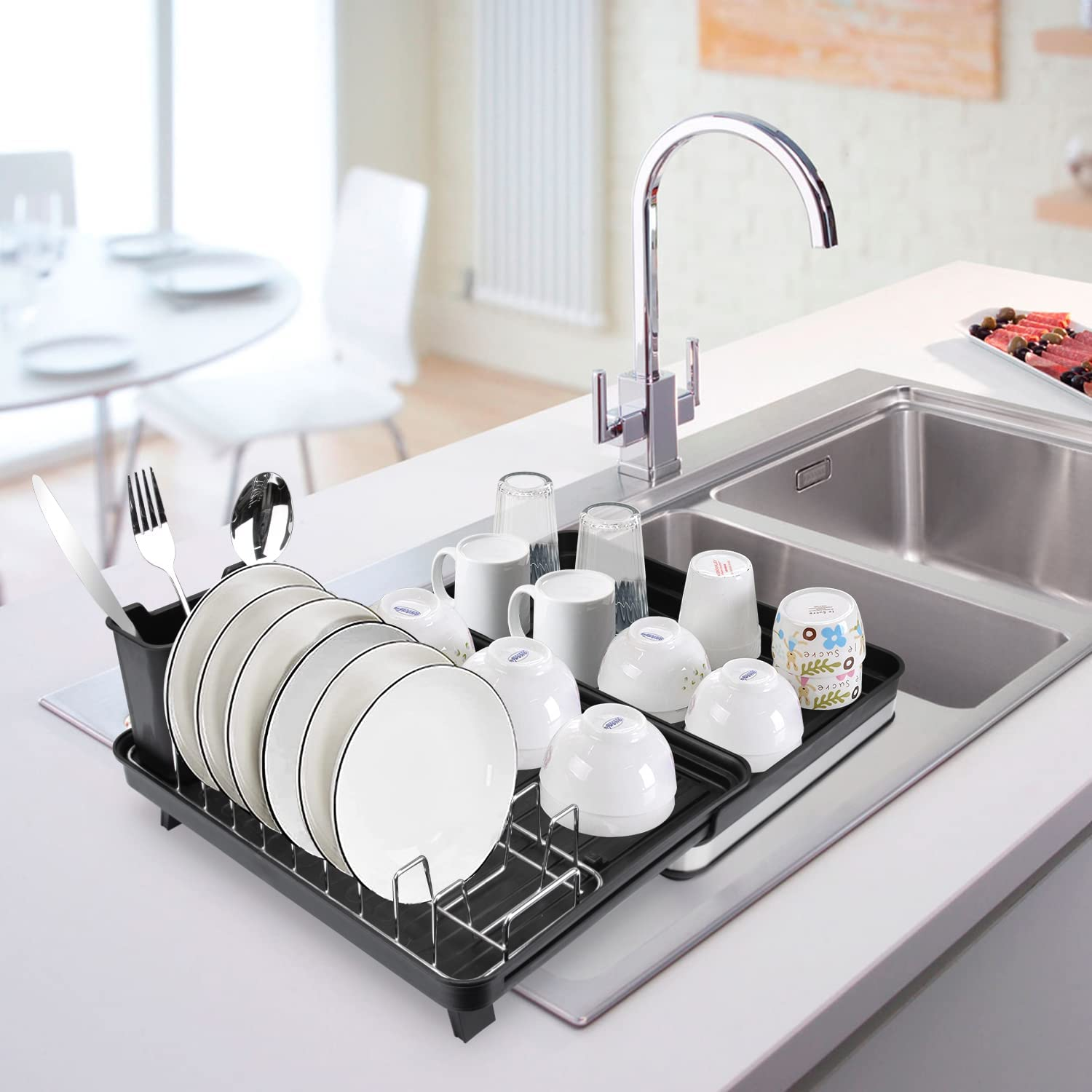 Dish Drying Rack Stainless-Steel Dish Sink Storage Rack with Movable Cutlery Drainer and Utensils Holder, 30CM - 51CM Expandable Dish Drainers for Kitchen Counter with Drain Spout image number 1