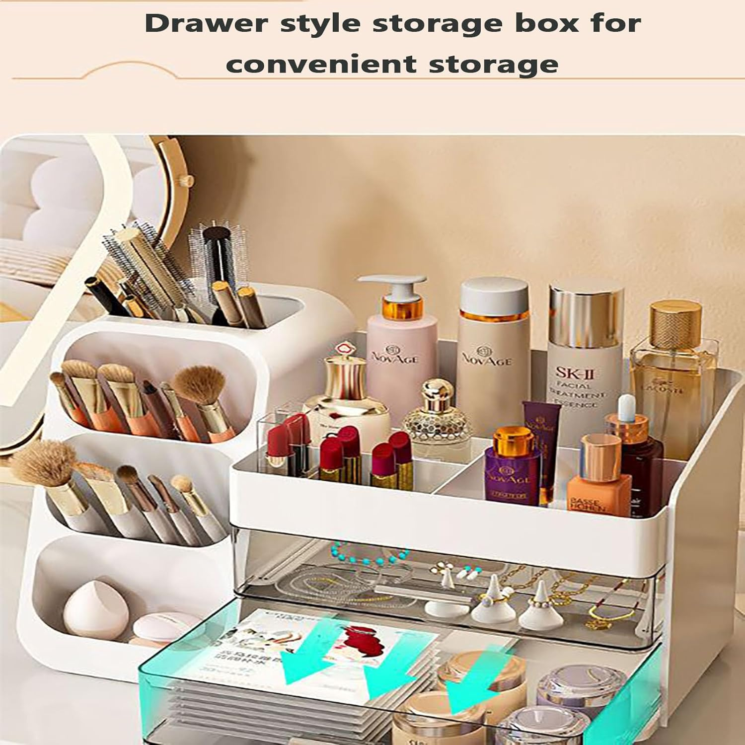 SYGELER Makeup Organizer with Drawers, Brush Holder, Desk Cosmetics Organizer with Large Capacity, Cosmetic Display Case for Make Up, Eyeshadow, Lotions, Lipstick, Beauty Essential image number 5