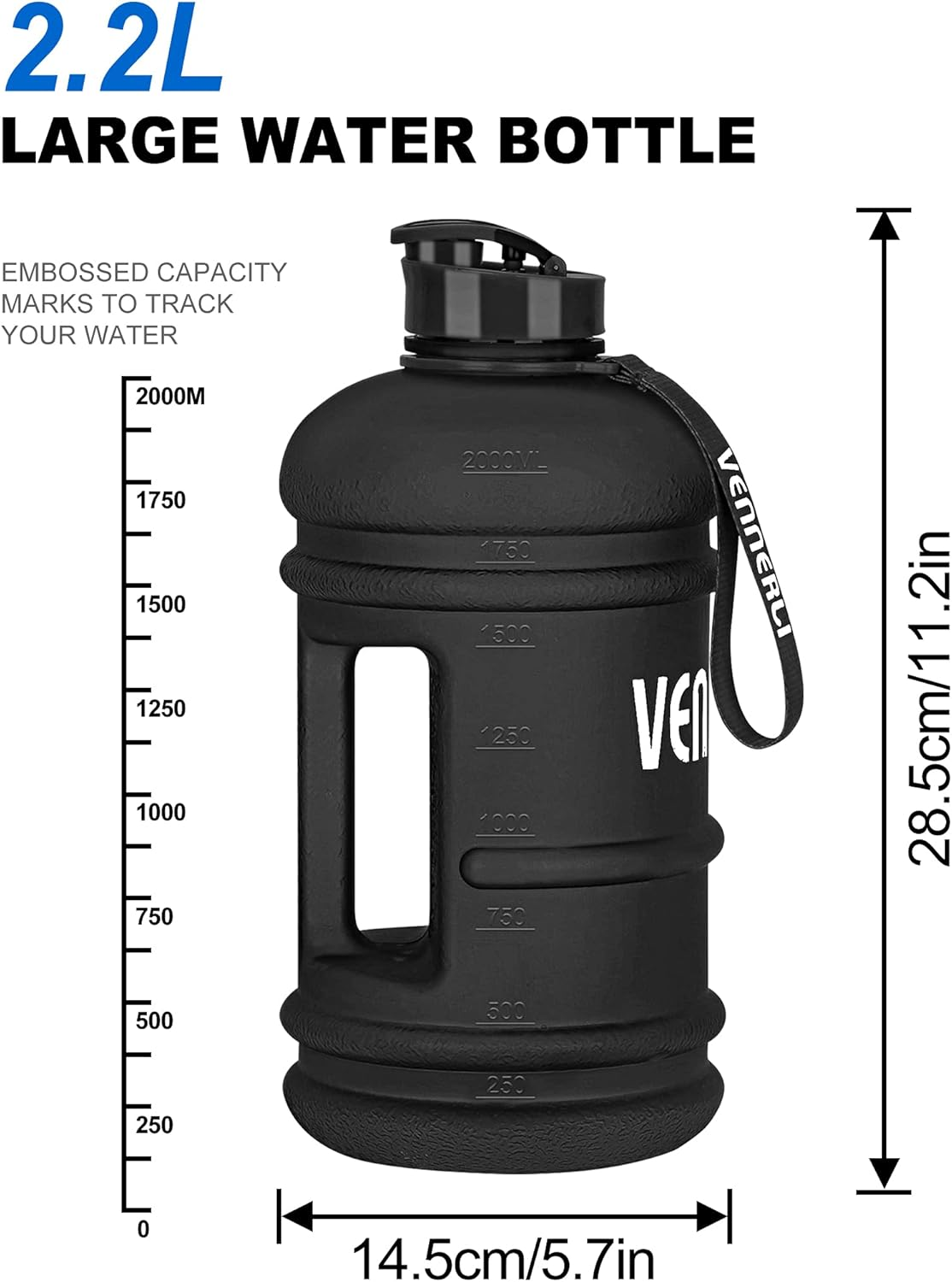 Half Gallon Water Bottle 2.2L Bottles with Handle Flip Cap 100% Leak Proof BPA Free Reusable Durable Big Gym Jug for Camping Sports Workouts Hiking Outdoors 2.2Litre (Matte Black) image number 5