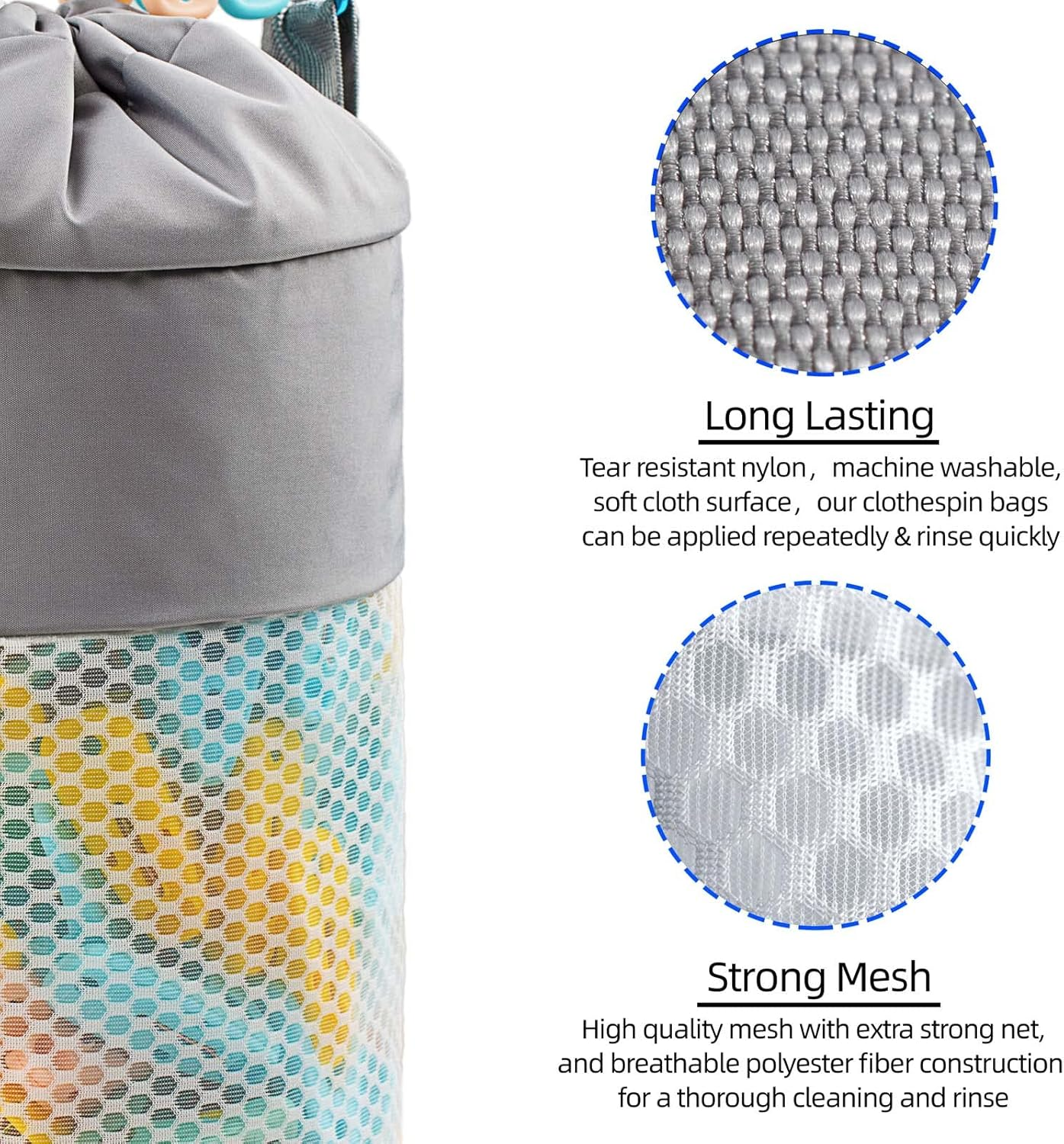 Mesh Clothespin Bag Holder Outside, Multiple Hanging Methods Clothes Pin Bag with Drawstring Closure, Ventilation and Moisture Resistance, Large-Capacity Clothespin Storage Organizer with Hooks image number 5