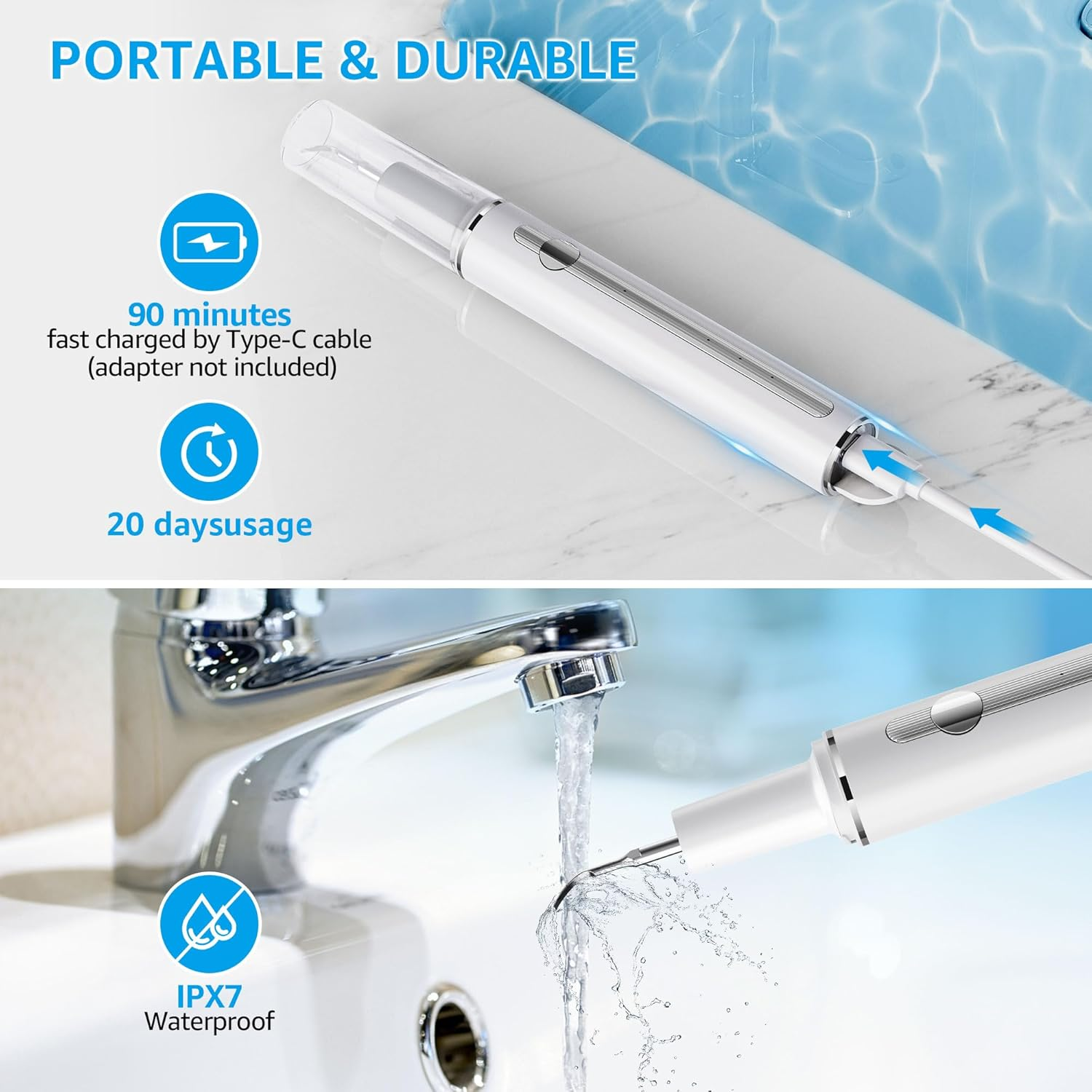 Teeth Cleaning Kit Plaque Remover for Teeth, Portable Dental Plaque Remover Tool with LED, Plaque Blaster for Human Teeth with 3 Modes, Tooth Scraper Plaque Tartar Remover for Teeth with Dental Tools (White) image number 2