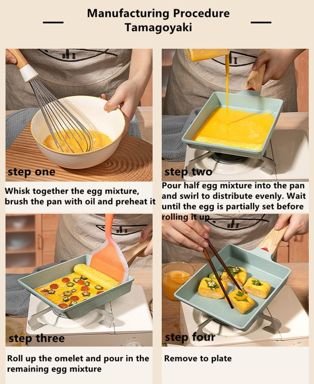 Japanese Omelette Pan, Nonstick Tamagoyaki Egg Pan-Rectangle Tamago Pan, Omelet Pan Small Frying Pan with Spatula & Whisk-Pfos & PFOA Free(Green) image number 5
