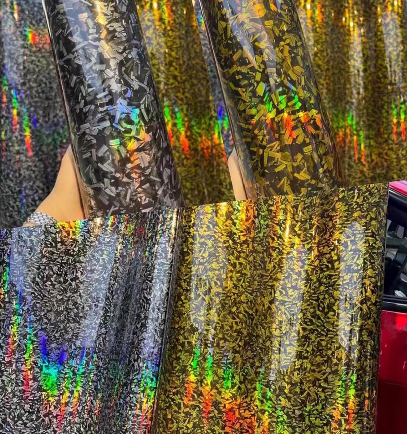 Gold Forged Gloss Carbon Fiber Car Vinyl Wrap Roll Air Release Adhesive Film Decal Sheet DIY Decor