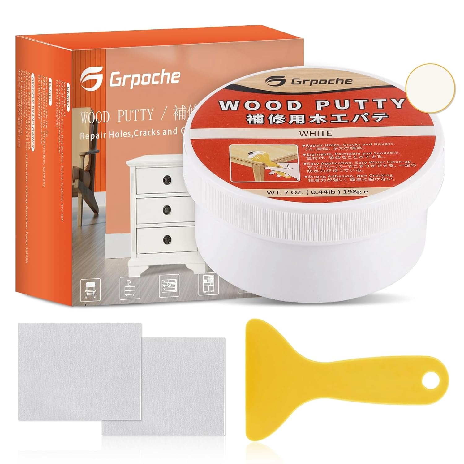 Wood Filler White Putty Water-Based Wood Filler Paintable Stainable Premium Wooden Repair Kit for Door Trim Restore Table Cabinet Floors Hole