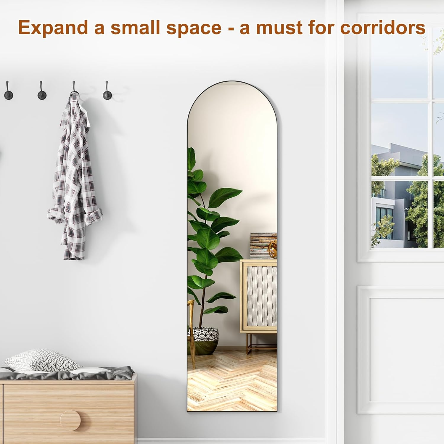 ZHUNFA Arched Full-Length Mirror, 148X40 Centimeter, Full-Length Mirror Wall-Mounted, Aluminum Alloy Frame Home Decor,Black. image number 3