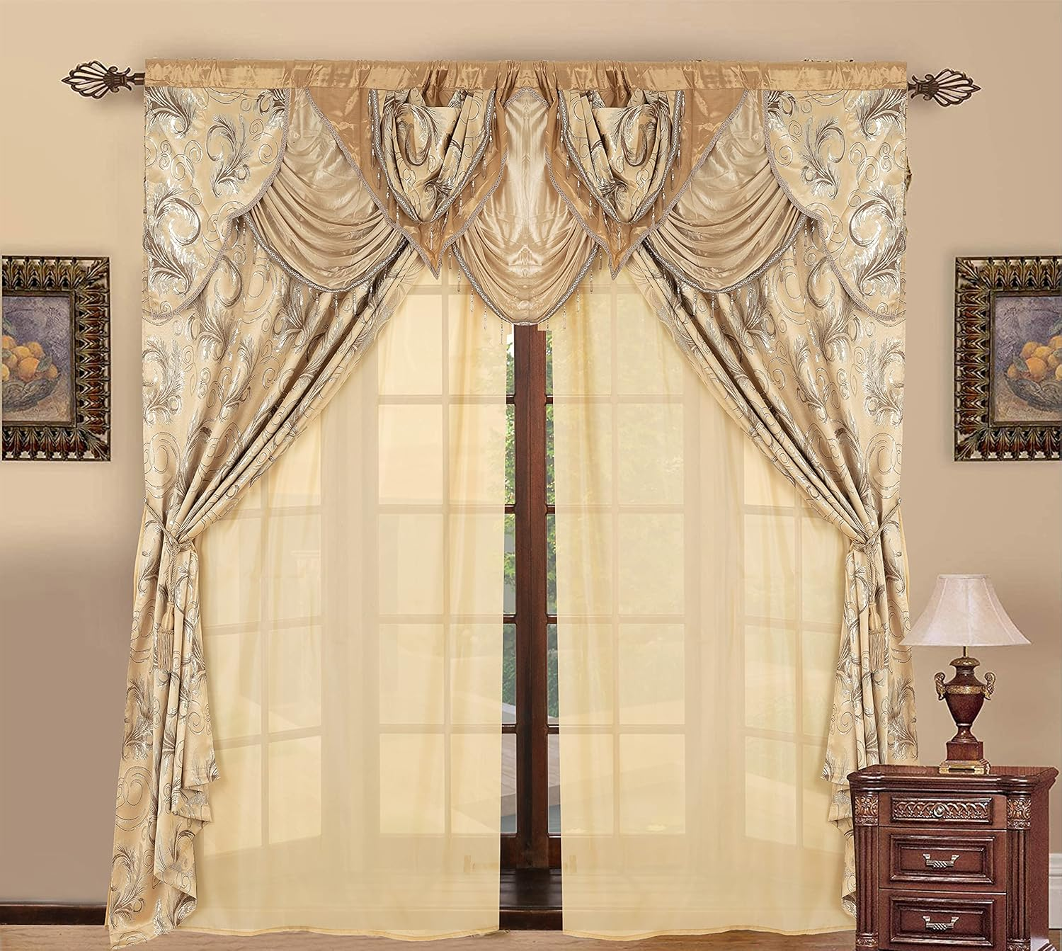 Golden Linen Jana Collection 2Pc Curtain Set with Attached Valance and Backing 55"X84" Each, Polyester & Polyester Blend, Taupe, 2 Panels of 55" X 84" Each image number 1