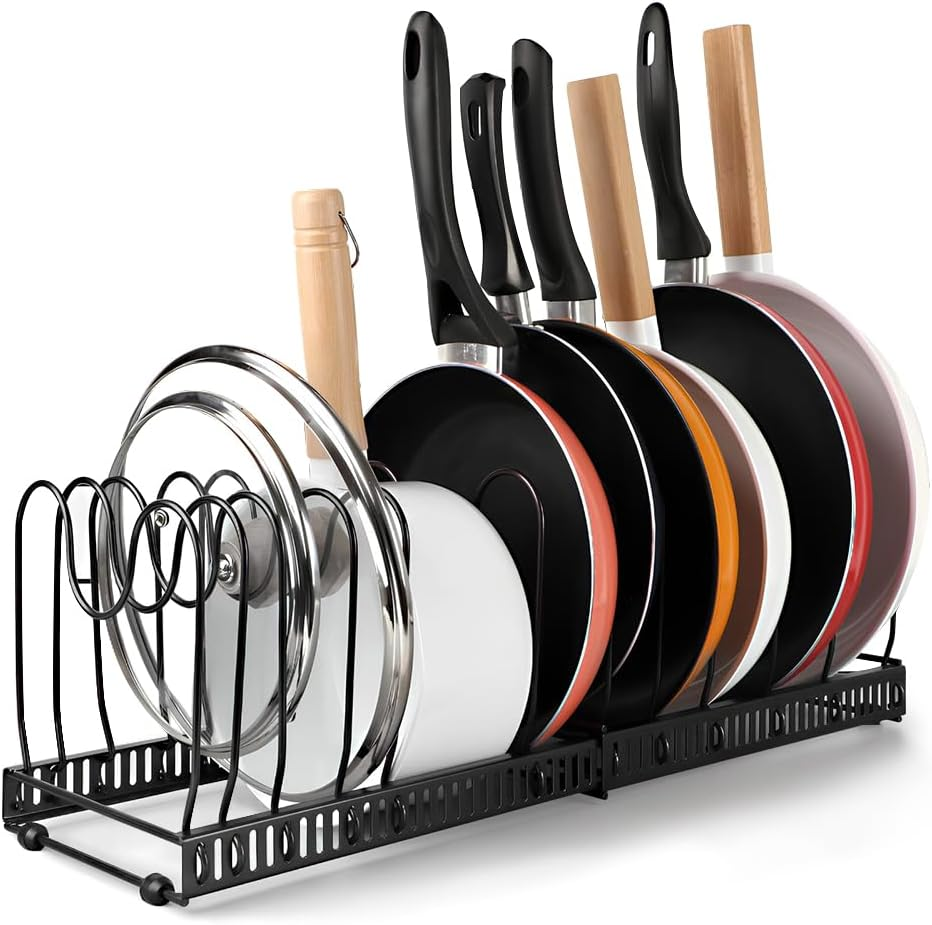 Pot and Pan Organizer for Cabinet with 10 Adjustable Compartments, Expandable Pot Racks, Pot Lid Organizer, Pan Holder Storage Rack for Kitchen Cabinet(Black) image number 1