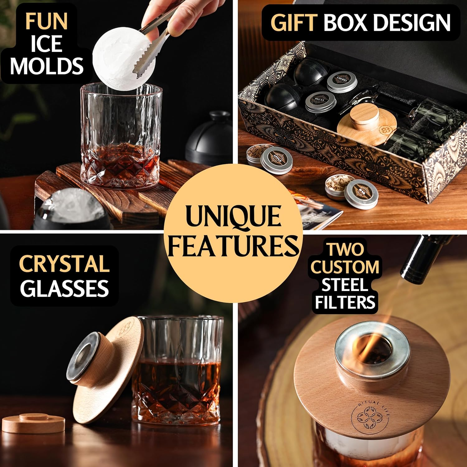 Whiskey Smoker Kit - Cocktail Smoker Kit with Torch, 2 Whiskey Glasses, 2 Ice Ball Makers, 6 Flavors Wood Chips - Old Fashioned Smokers - Bourbon Drink Smoking Set - Whiskey Accessories Gifts for Men image number 2