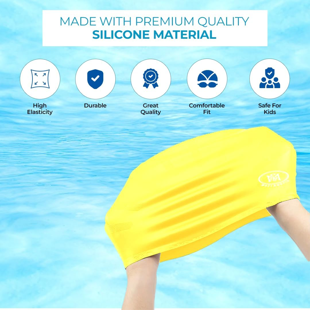 Swimming Caps for Kids- 100% Silicone Waterproof Durable and Odour Free Swim Hat - Stretchable, anti Slip Swim Cap - Swimming Hat for up to 5-12 Years with Protective Pouch