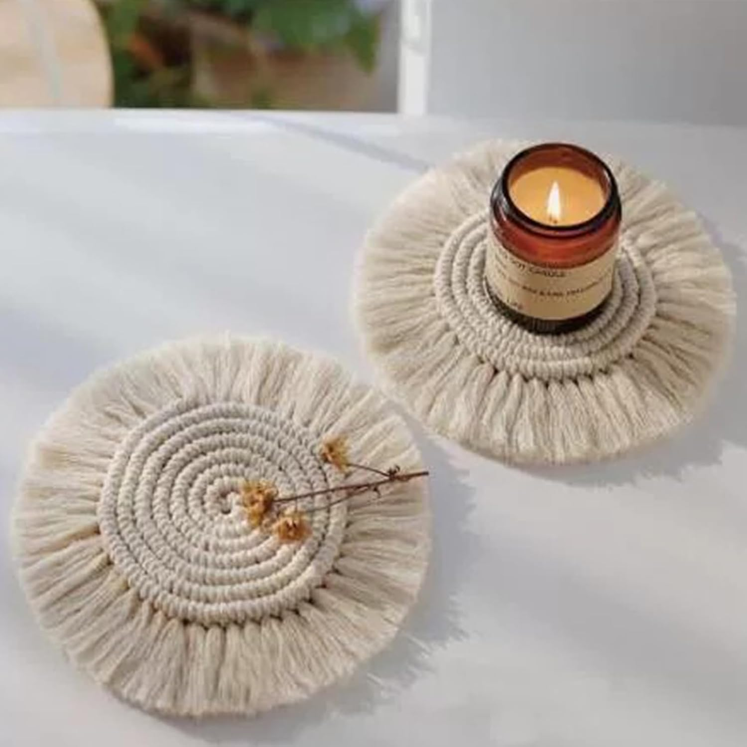 CENZICOM Boho Woven Macrame Coasters, Absorbent Drink Coasters for Desk, Set of 2, Farmhouse Home Decor (Khaki-Whitex2) image number 1