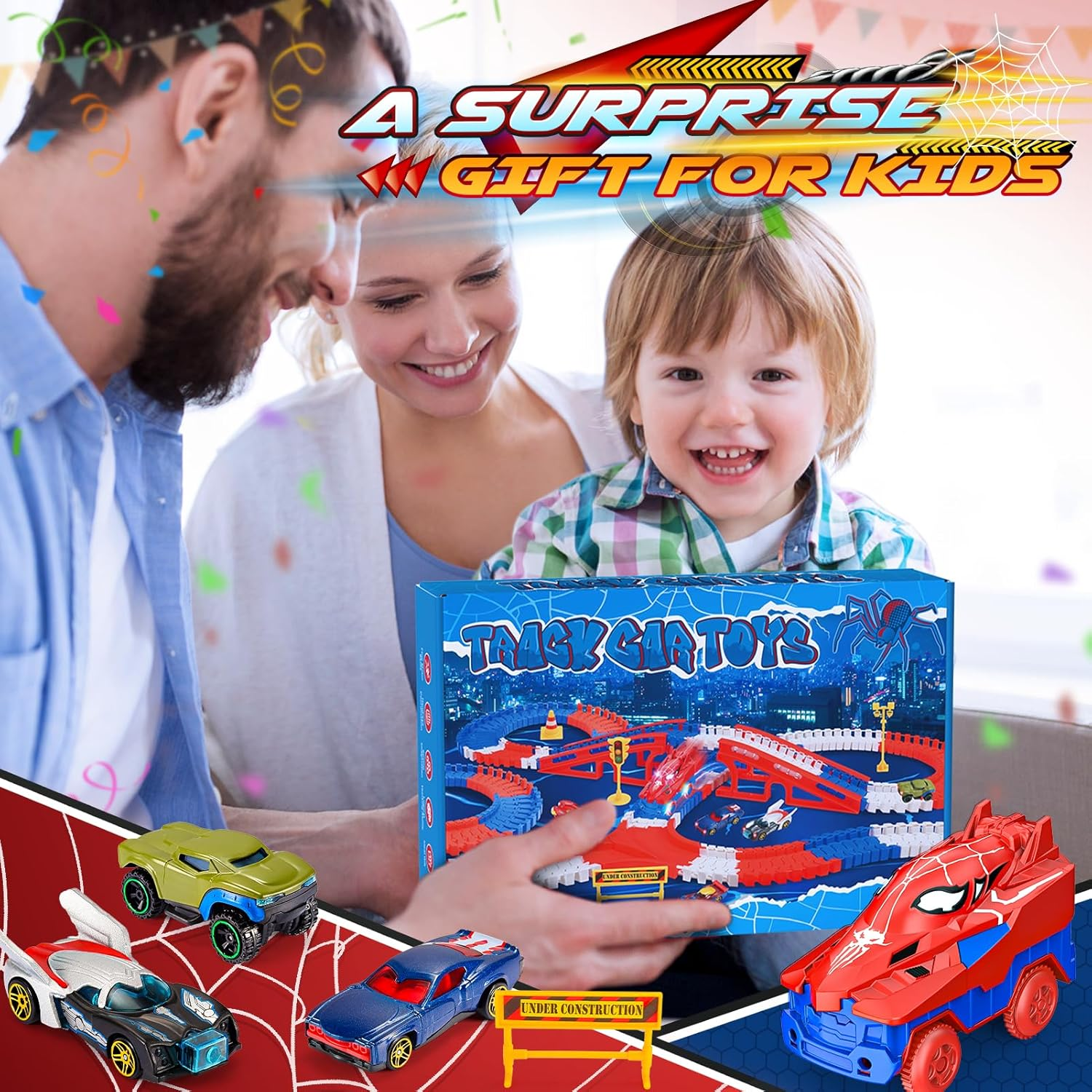 Spider Toys for Boys, 251 PCS Spider Race Track with 5 Alloy Cars Toys for 3 4 5 6 Year Old Boys Car Tracks for Kids Toddler Boys Toy Age 3-5 4-6 6-8 Easter Birthday Gifts image number 1