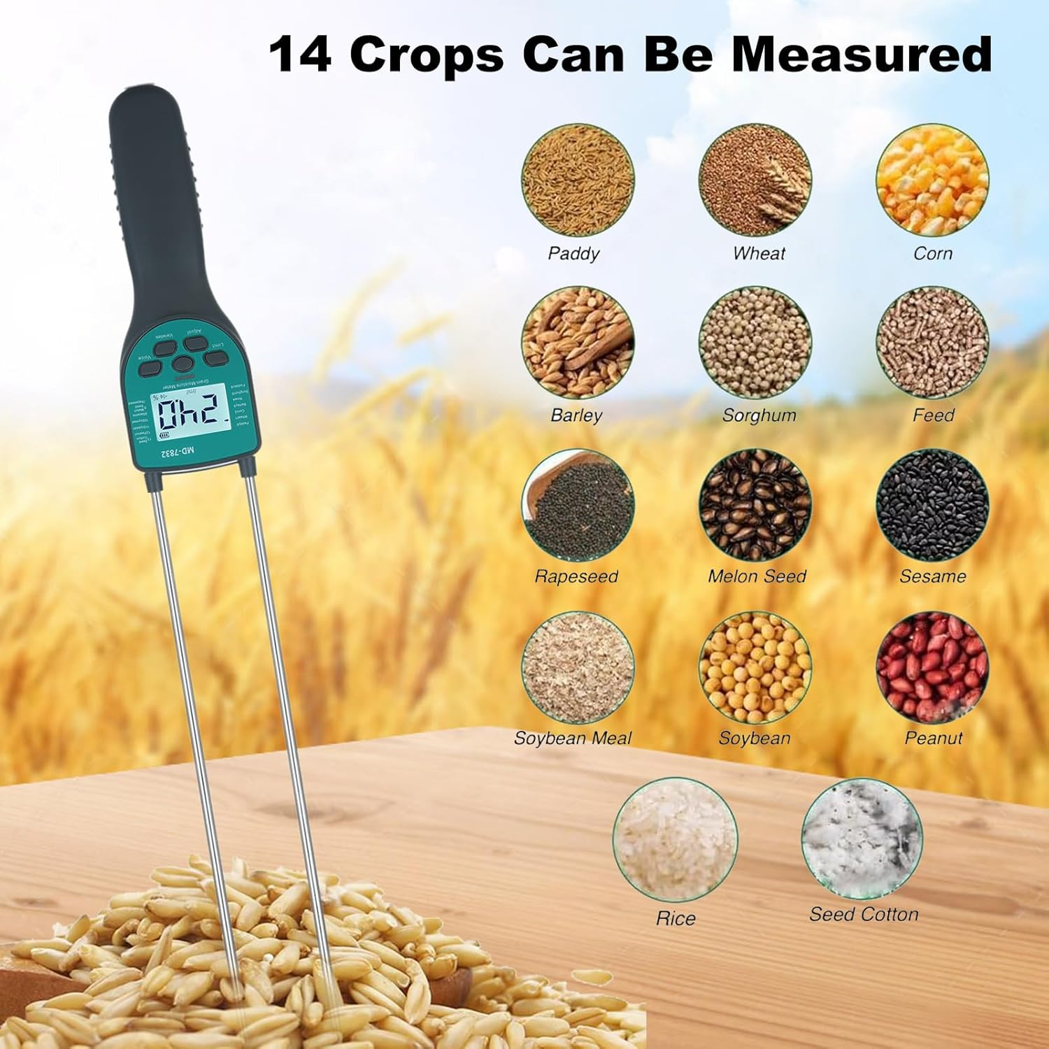 Hay Tester Digital Grain Content Meters for 14 Type Grains Paddy Wheat Corn Barley Rice Sorghum Pellet Feed