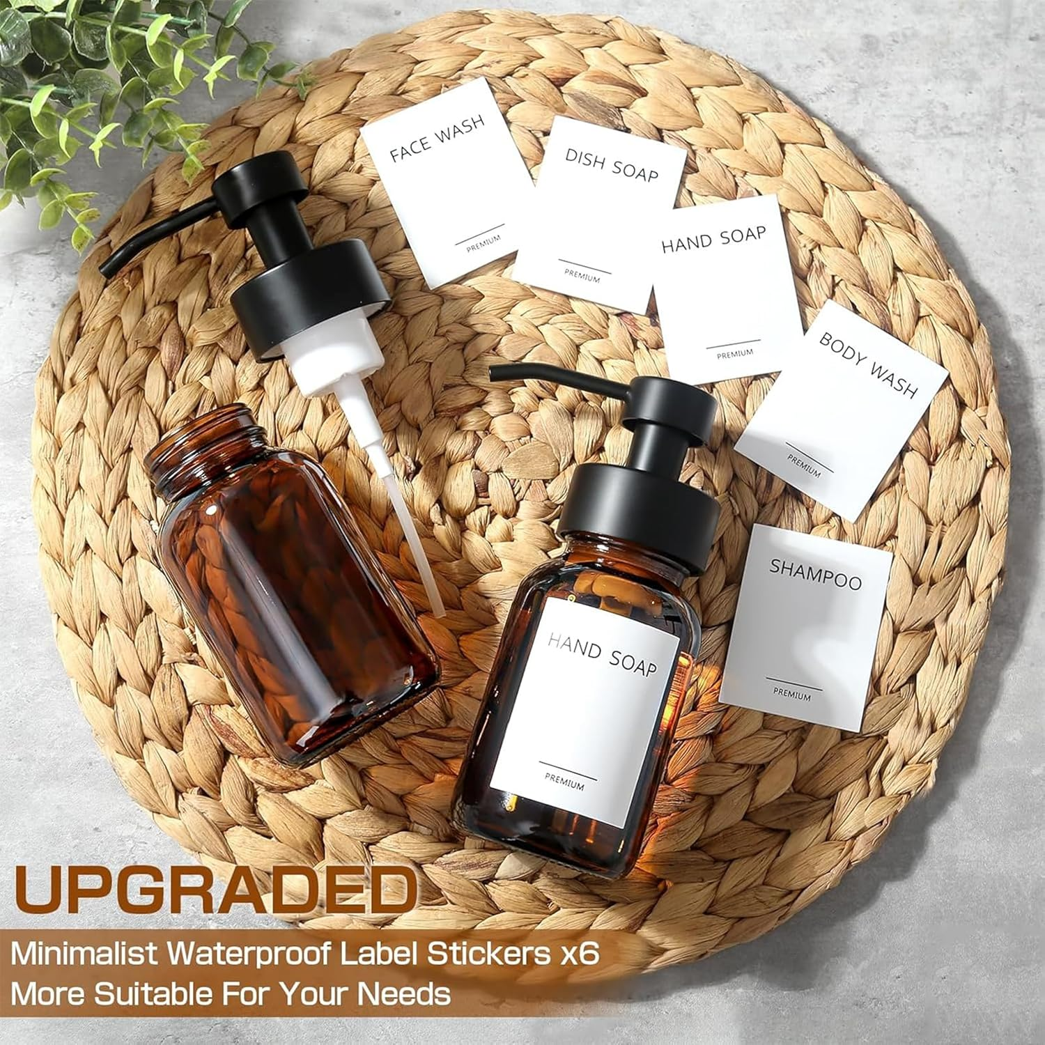 Foaming Soap Dispenser, 8.5 Oz Amber Glass Foam Soap Dispenser for Bathroom & Kitchen, 2 Pack Modern Refillable Foaming Hand Soap Dispenser, Foam Pump Bottle with Waterproof Labels image number 4