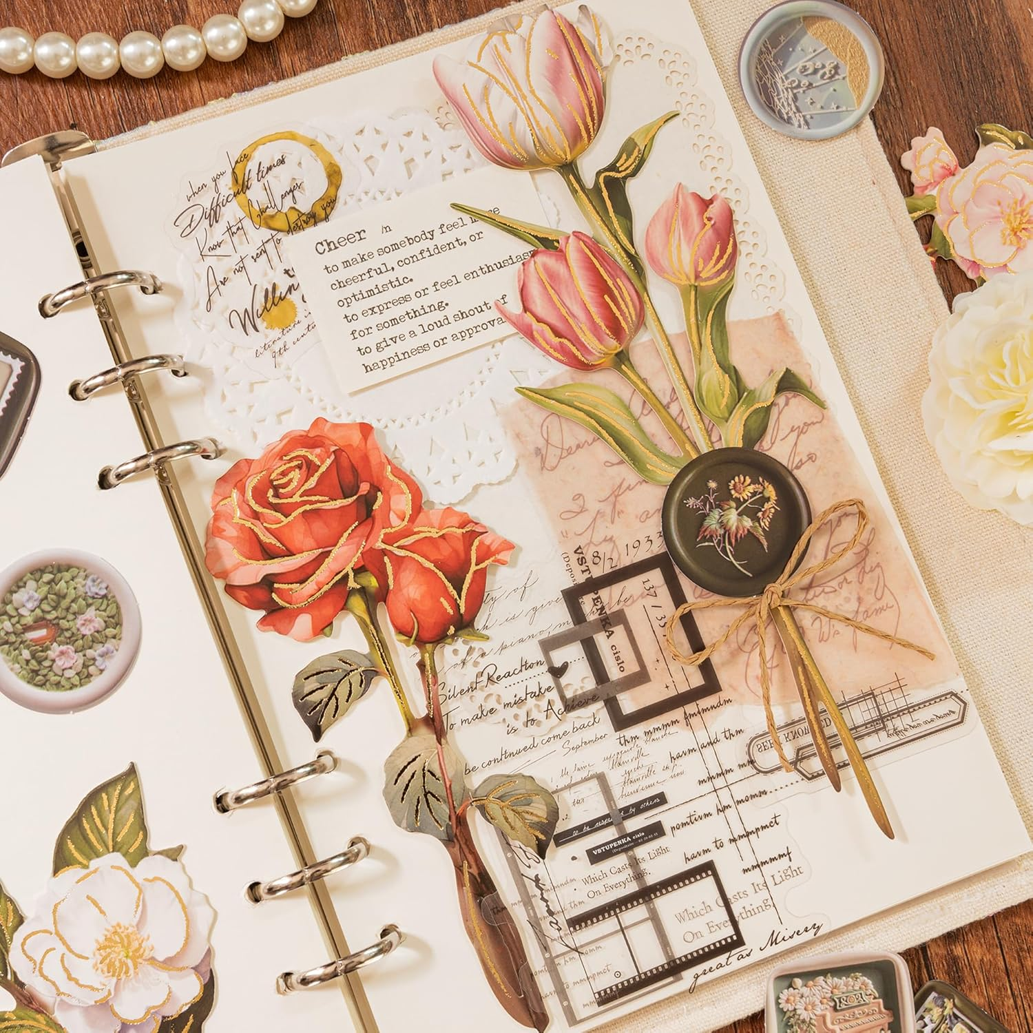 Flower Bouquet Craft Kit DIY Paper Rose Bouquet Thick Paper Cutout of Tulip with Long Branch Camellia Foil Stamping Peony Die-Cut Hard Floral Bunch for Scrapbooking Card Making Mother'S Day (Kary) image number 3