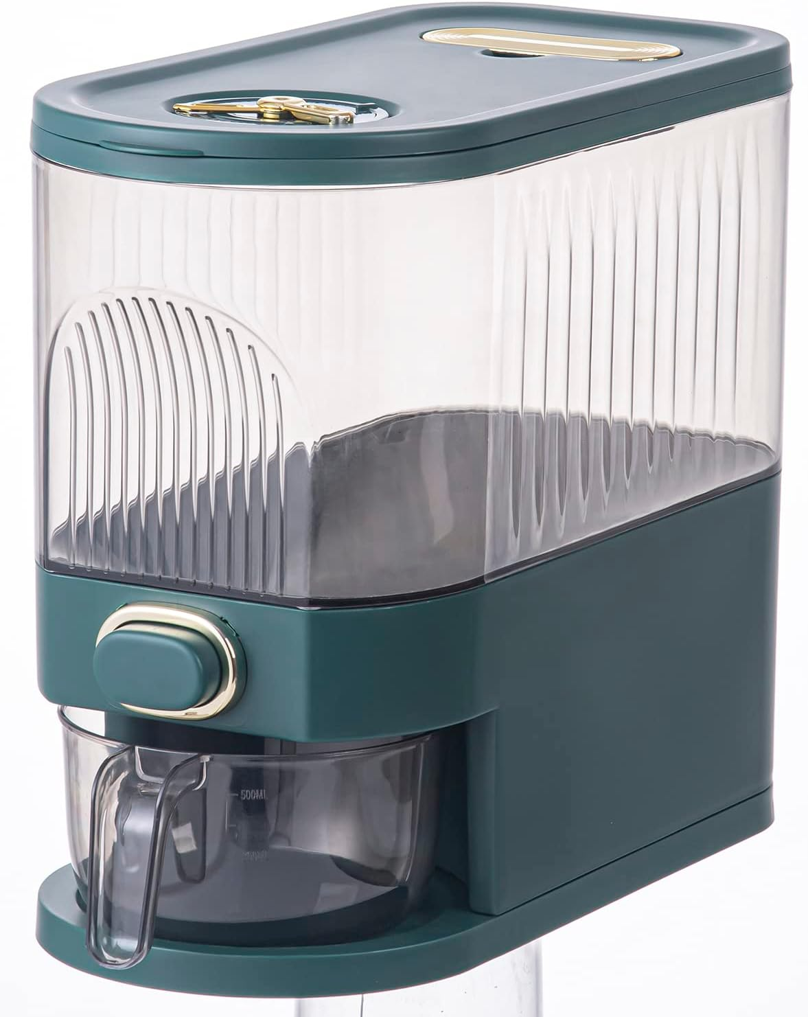 Sooyee 20Lbs Rice Dispenser, Large Grain Container Storage with Lid Measuring Cylinder Moisture Proof Household Cereal Dispenser Bucket for Kitchen Soybean Corn,Clear and White