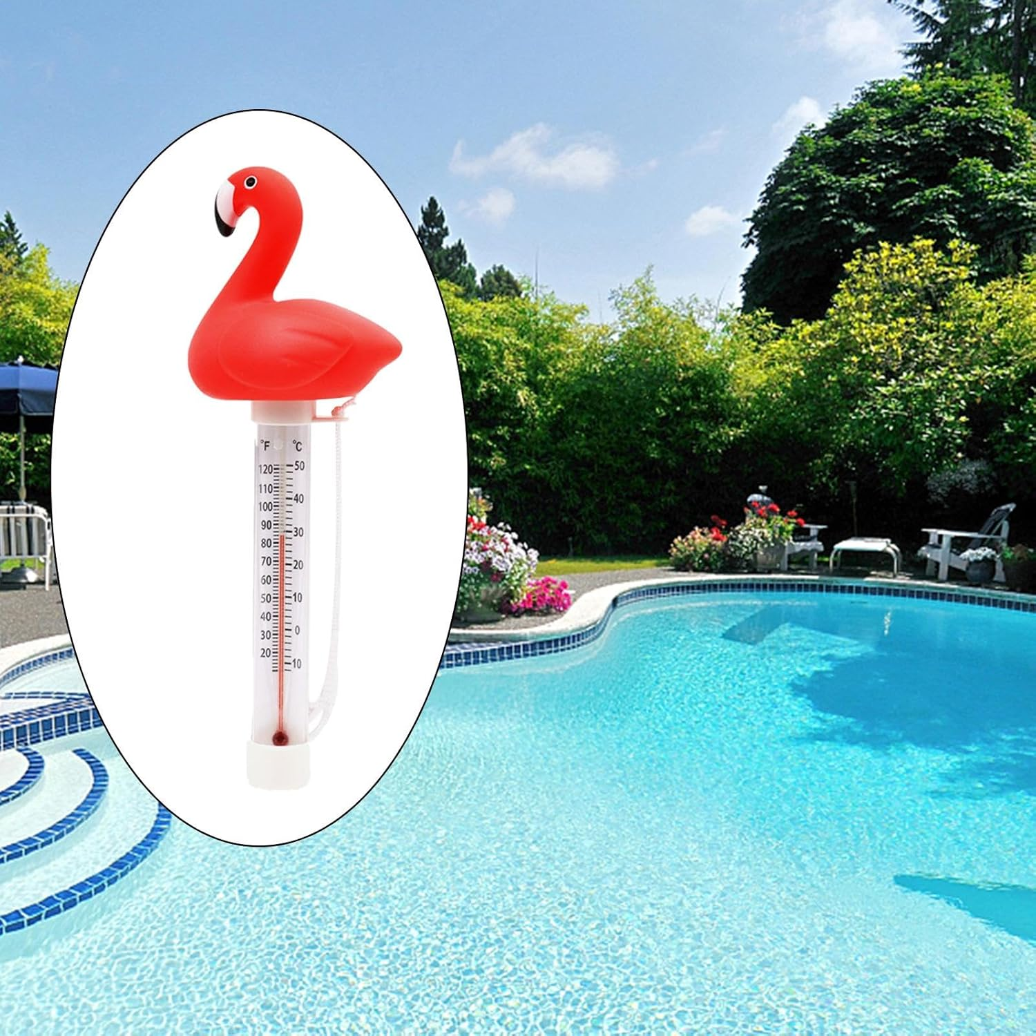 Fenteer Floating Pool Thermometer,Flamingo Gauge Easy to Read SPA Water Thermometer with String for Shower, Fishing Pond, Ice Bath image number 3