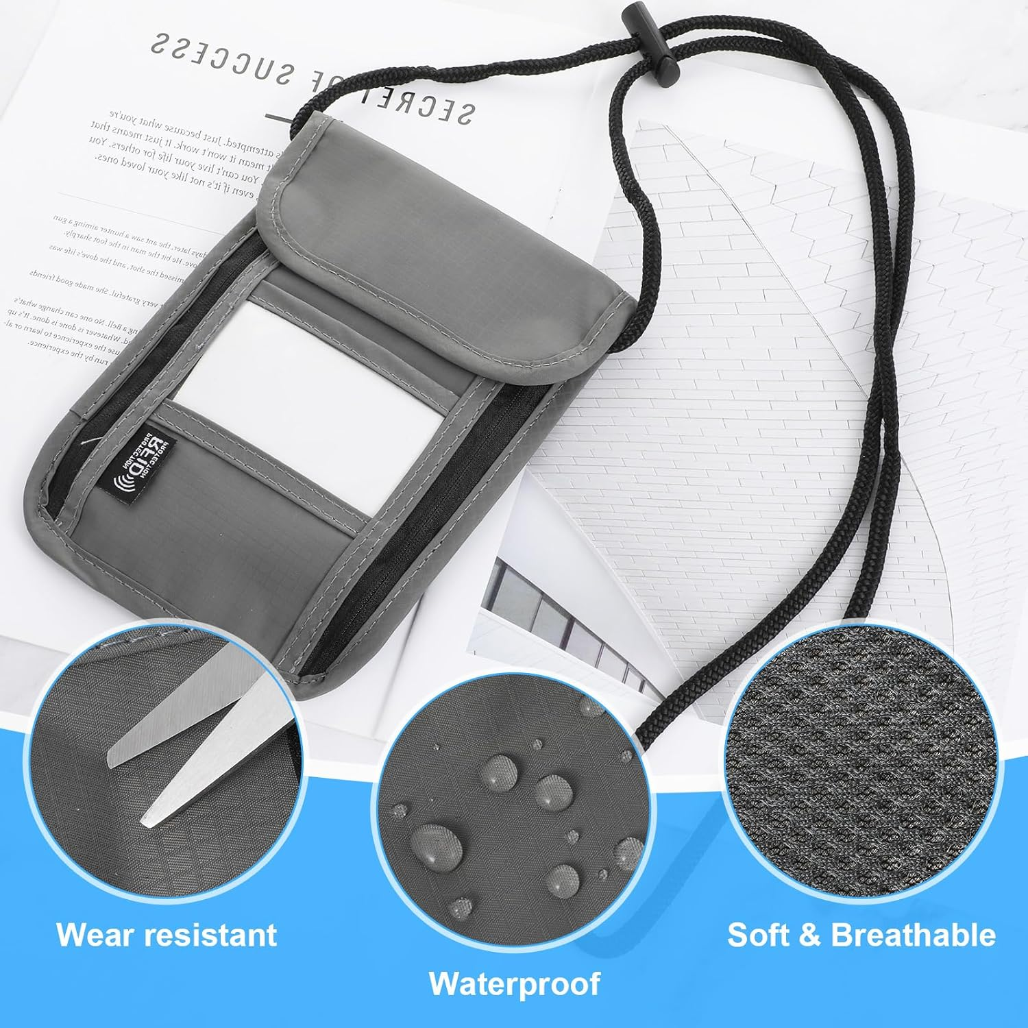 LXUEJIE Neck Pouch with RFID Protection, Anti-Theft Unisex Travel Wallet, Waterproof Neck Pouch, Men'S Hidden Chest Pocket for Passport, Credit Cards, Smartphone, Coins, Money (Black), Gray, 19 X 14,5 image number 3