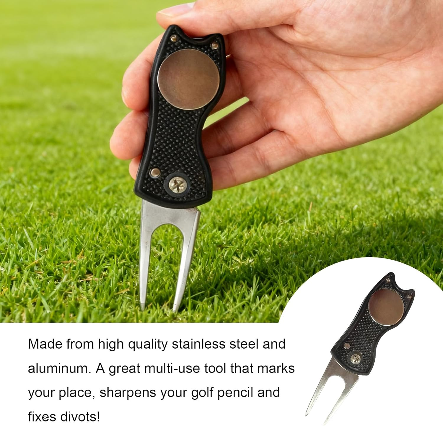 2Pcs Golf Divot Repair Tool, Foldable Golf Turf Repair Fork & Magnetic Ball Marker, Practical Golf Accessories, Golf Metal Putting Green Fork (Black and Blue) image number 3