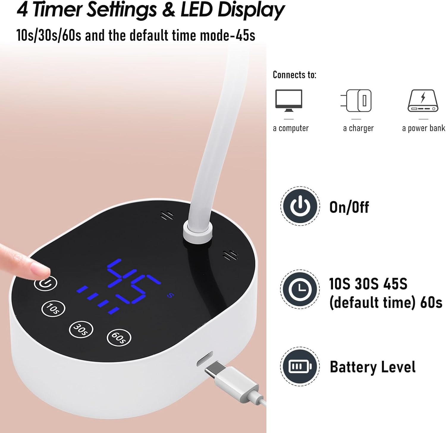 Xoxomeg 36W UV LED Nail Lamp, Rechargeable Nail Light with Auto Sensor & Touch Screen, Portable USB Gel Nail Dryer with 4 Timer Modes for DIY at Home, Salon (Pink) - Pink image number 2