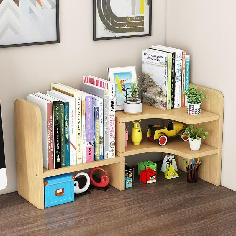 Hbluefat Corner Desktop Bookshelf Organizer, Adjustable Wood Tabletop Small Bookcase, Counter Top Display Storage Shelf/Rack for Home Office (Wood) image number 4