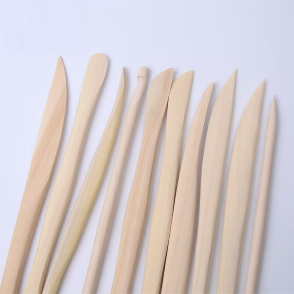 NYGHMY 10 PCS Wooden Clay Pottery Play Dough Modeling Tools, Double-Ended Pottery Clay Carving Tools for Carving, Shaping, Embossing, Smoothing, Cutting, Detailing