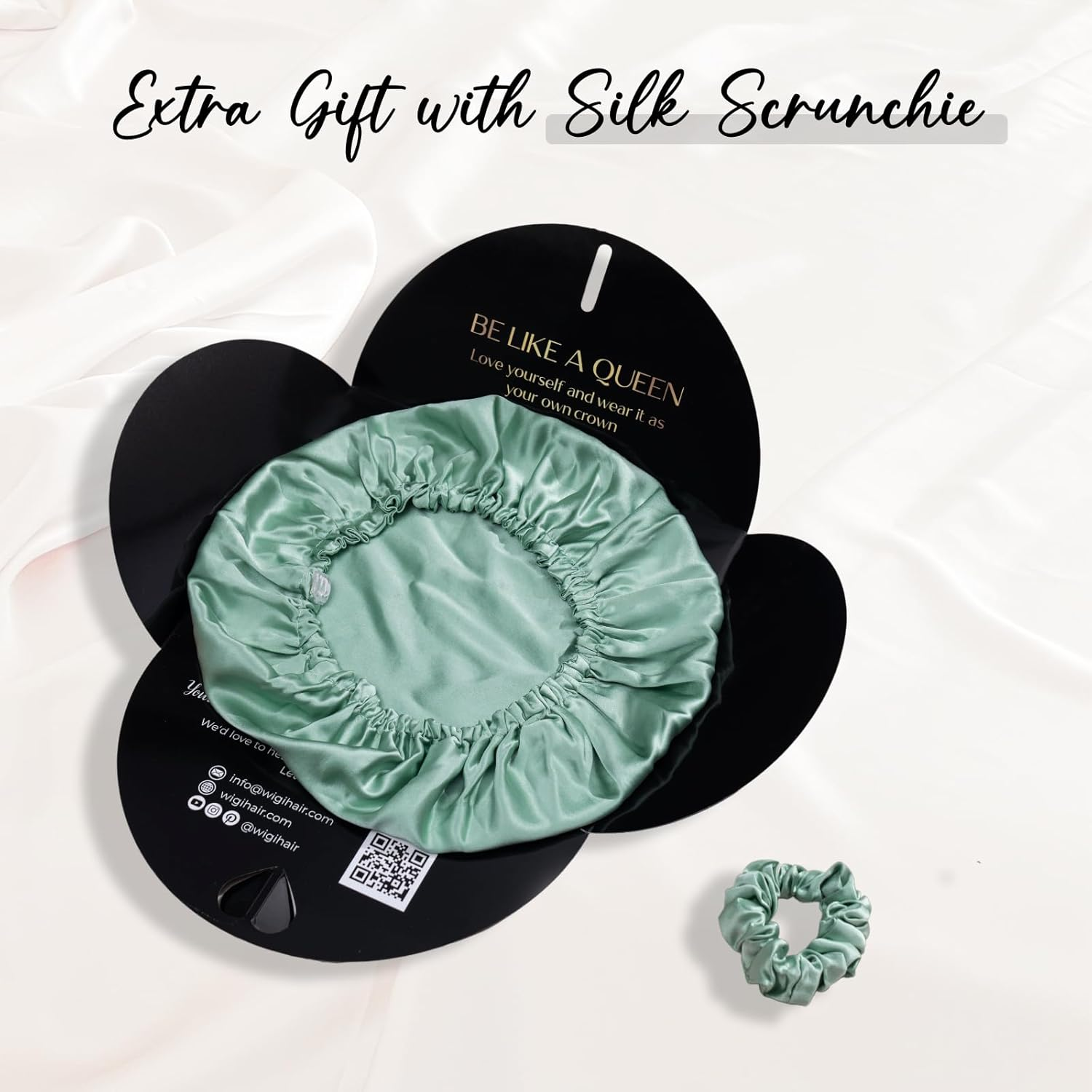 WIGI 100% Mulberry Silk Bonnet with Scrunchie Gift for Women, Silk Bonnet for Sleeping, Shower Cap Hair Bonnet, Silk Hair Wrap for Hair Care (100% Mulberry Silk (Round Design), Green) image number 1