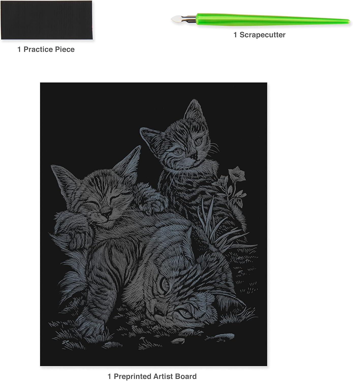 Royal & Langnickel Silver Engraving Art A4 Size Tabby Cat and Kittens Designed Painting Set image number 2
