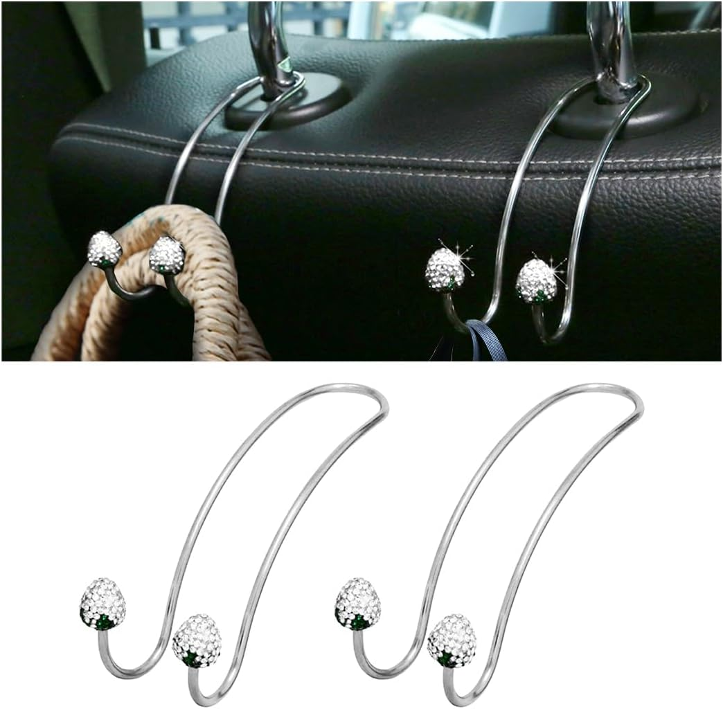 Strawberry Car Decor Hooks, 2 Pack Bling Diamond Seat Back Organizers, Auto Headrest Storage Hangers Hooks for Purse Handbag Clothes Grocery, Universal Car Accessories for Women (Red)