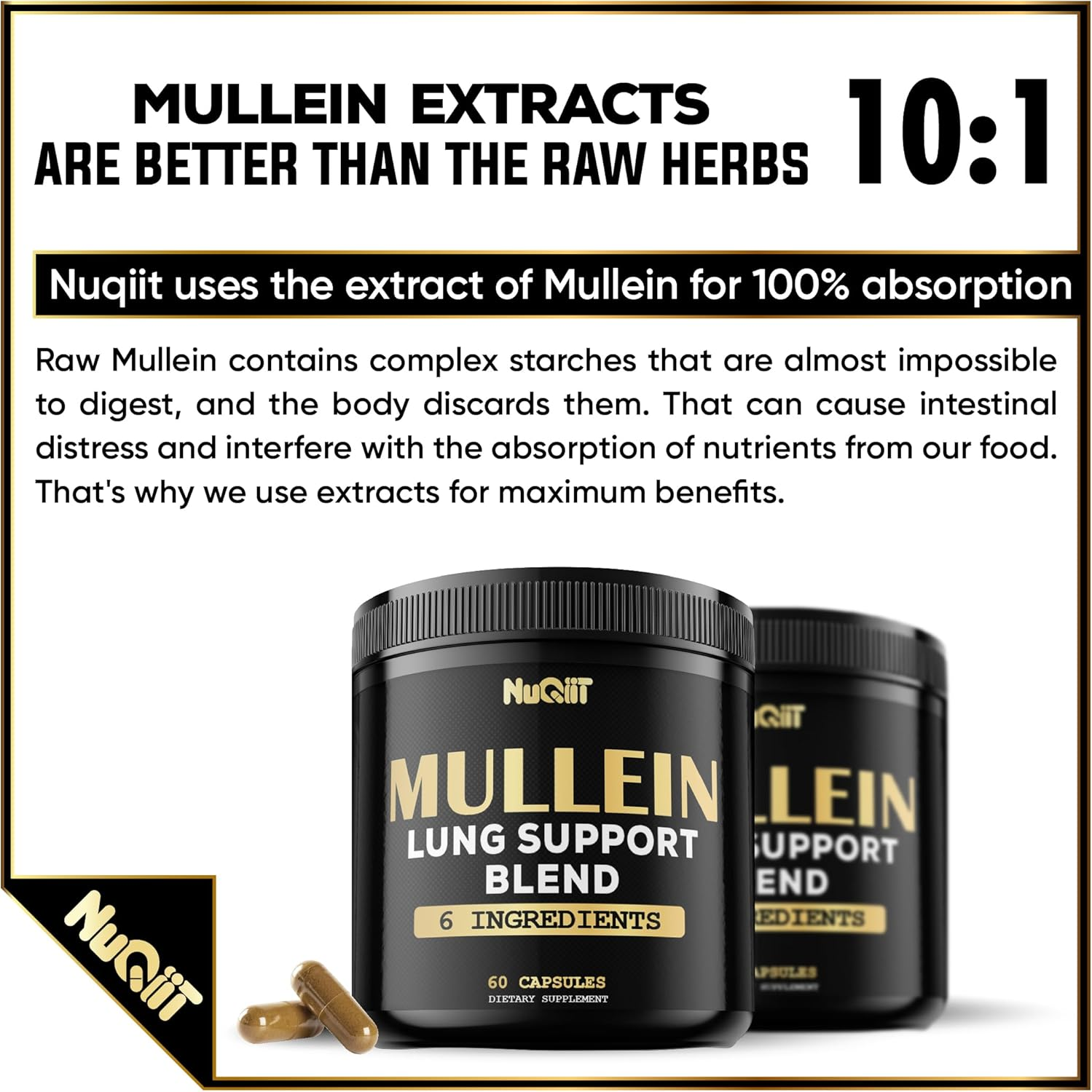 1000Mg Mullein Leaf Capsules with Cordyceps Sinensis, Bromelain, and More - Support Respiratory Health, Immune System & Body Balance - 60 Vegan Capsules