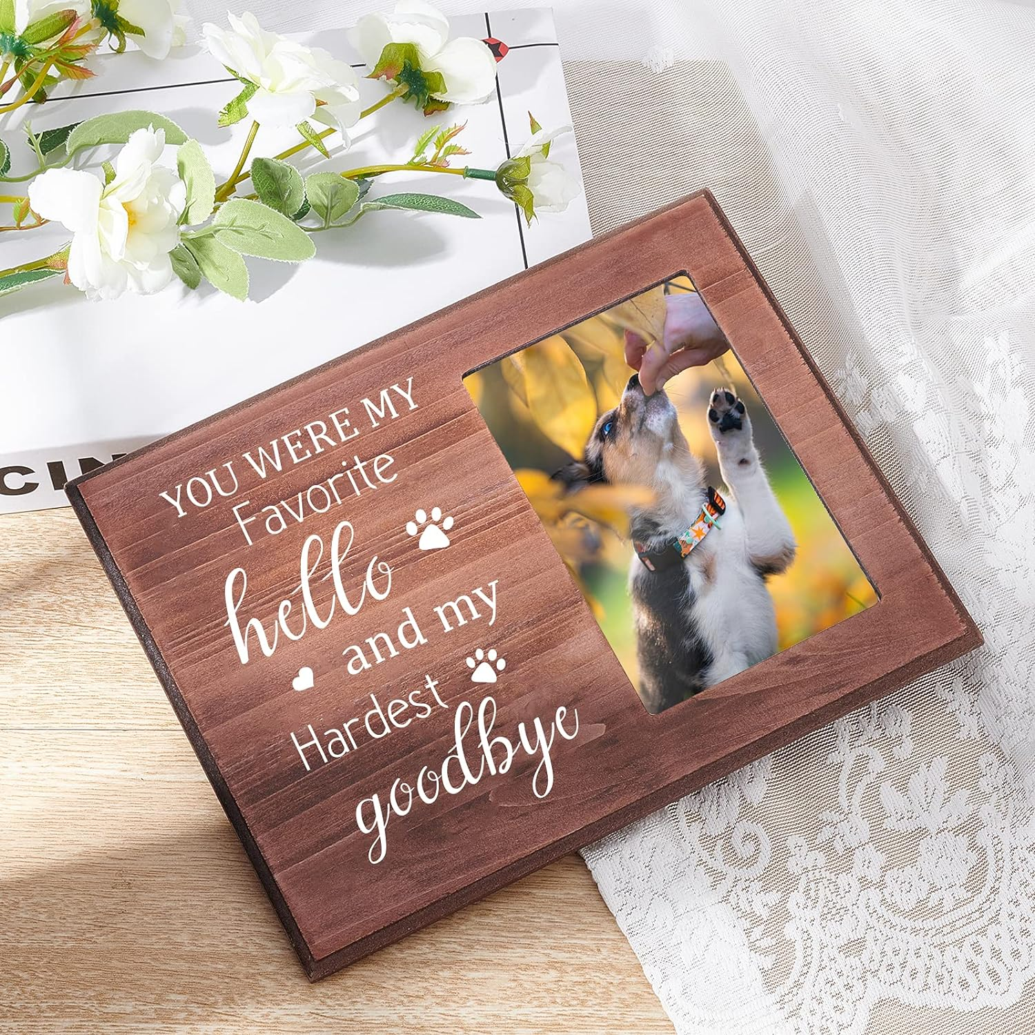 FINGERINSPIRE 15X10Cm Picture Frame Pet Memorial Picture Frame with Paw Prints Saddle Brown Wood Photo Frame Rectangle Frame with You Were My Favorite Hello and My Hardest Goodbye Words image number 2