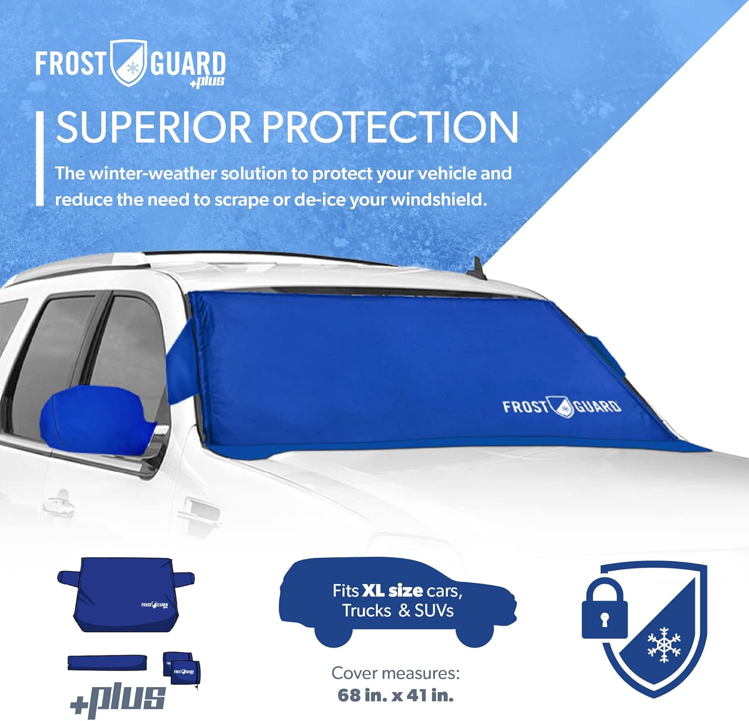 Frostguard plus | Winter Windshield Cover for Ice and Snow, XL Size (Indigo) - Built-In Security Panels, Wiper Blade Coverage + Mirror Covers - Fits XL Size Cars, Trucks and Suvs, 68 X 41 Inches image number 5
