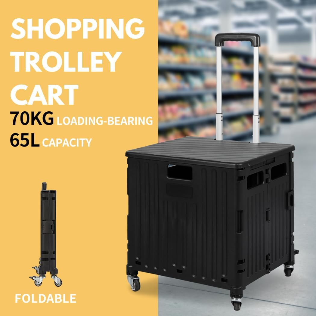 65L Shopping Trolley Cart Foldable Grocery Carts with Lid Collapsible Pack & Roll Folding Grocery Basket Crate Handcart Portable 4 Omni-Directional Wheels Aluminum Telescopic Handle (Black) - Black image number 4