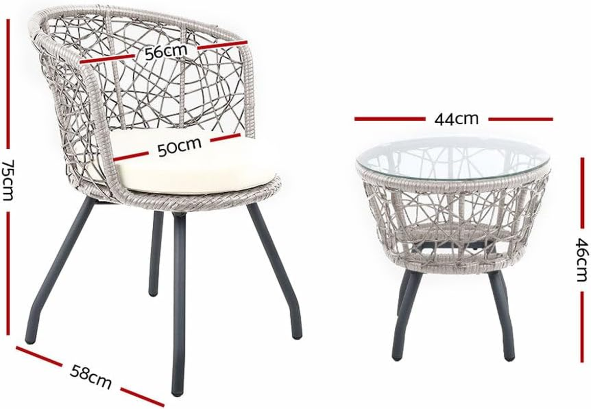 Gardeon 3Pcs Wicker Patio Furniture, Bistro Set Table and Chairs Outdoor Lounge Setting Conversation Sets Dining Chair Garden Backyard, Cushion with Rattan Coffee Table round Grey image number 3