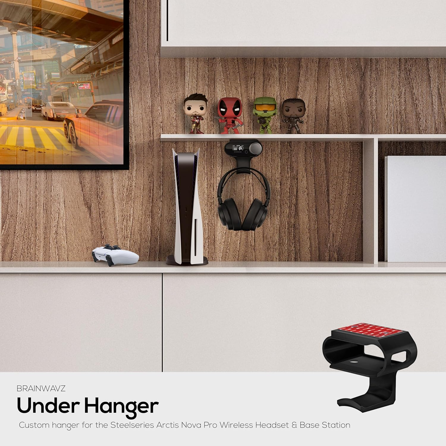 Under Desk Headphone Hanger Stand for Steelseries Arctis Nova Pro Wireless Headsets with Dock for the Wireless Base Station by Brainwavz (HPS02) image number 2