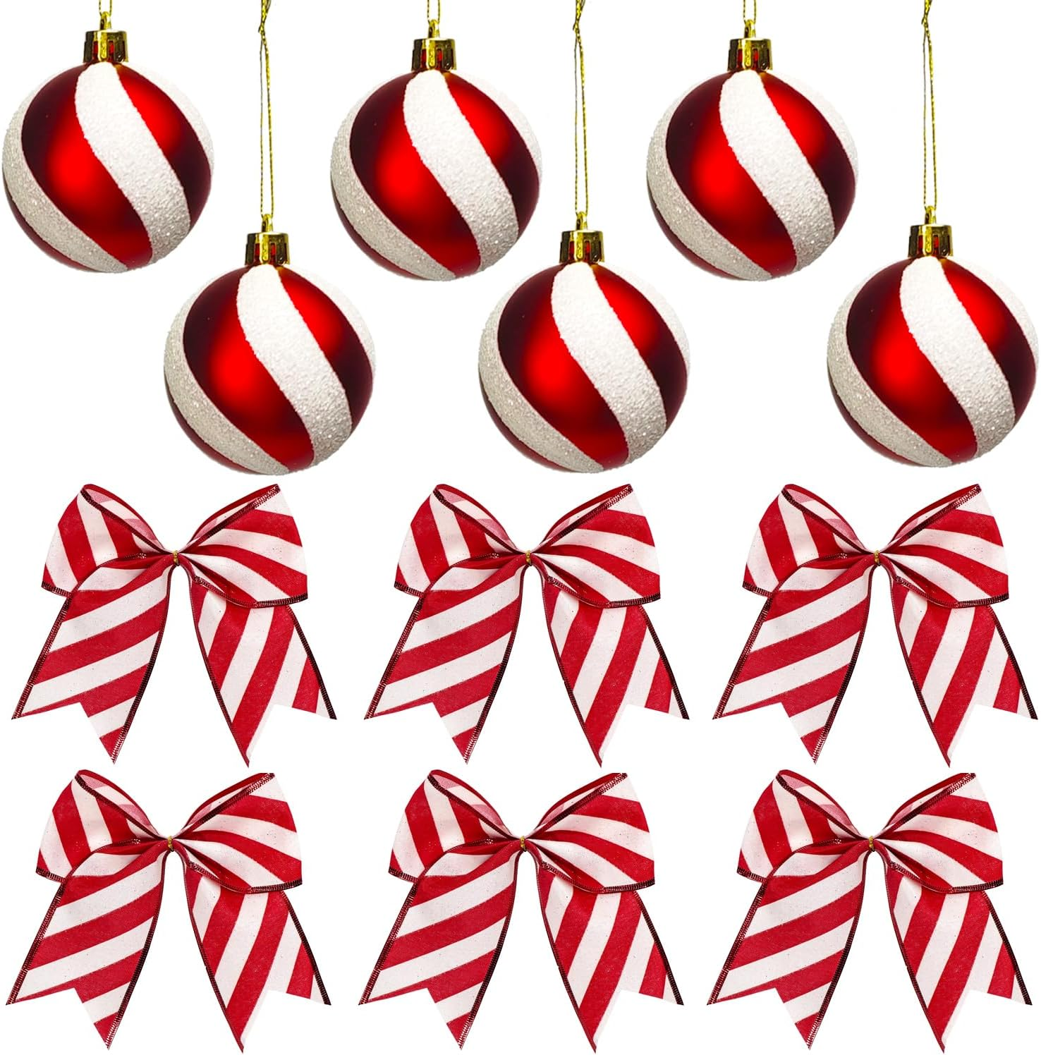 12Pcs Christmas Tree Ornament Set, 6Pcs Christmas Bows and 6Pcs Hanging Balls for Christmas Tree Decoration Wreath Making Supplies New Year Holiday Party Decor (Red and White Stripes)