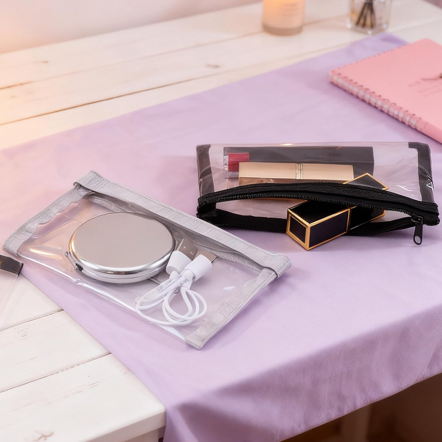 BEIQIYA 2Pcs Mini Clear Zipper Makeup Pouches, Small TPU Portable Cosmetic Bags, 6.3X3.5In Waterproof Makeup Pouch Purse Organizers for Jewelry Travel Supplies Storage- Black & Grey image number 2